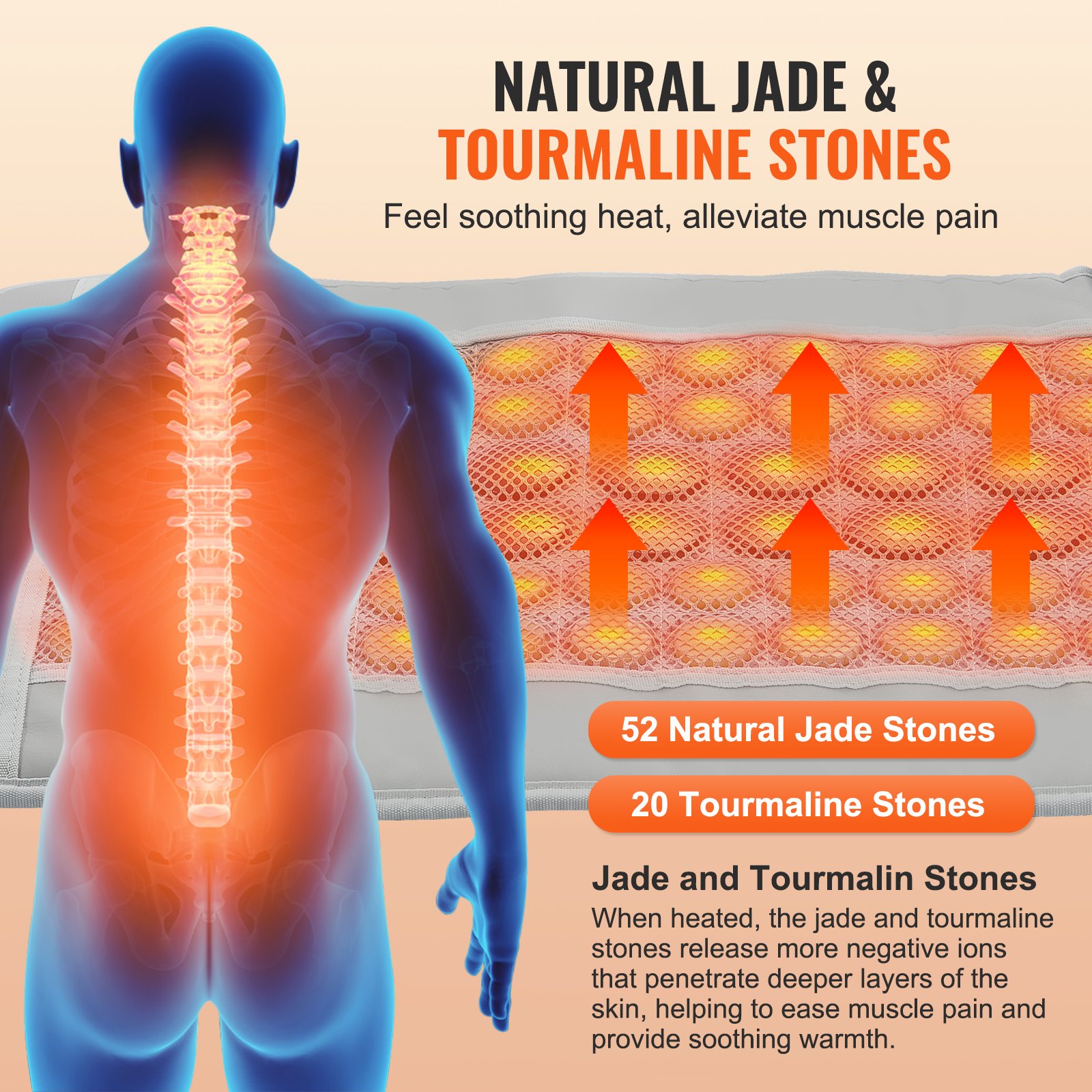 Poduszka grzewcza na podczerwień VEVOR, 52 naturalne kamienie jadeitu i 20 turmalinów, łagodząca ból pleców, temperatura 103–159°F, z inteligentnym kontrolerem i automatycznym wyłączaniem (rozmiar średni, 23,9 x 15,8 cala)