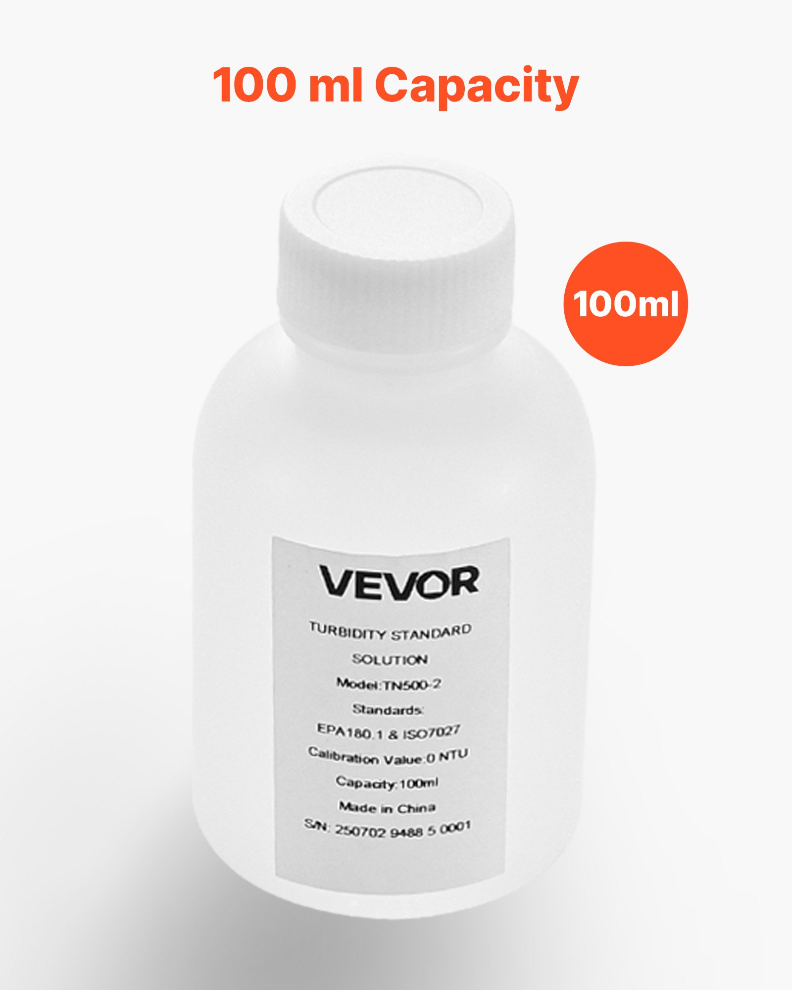 VEVOR Roztwór kalibracyjny mętności 0 NTU 100 ml, standardowy roztwór uzupełniający do mierników mętności, zerowy dryft zapewniający stabilne stężenie, gotowy do użycia, odpowiedni do światła białego/czerwonego