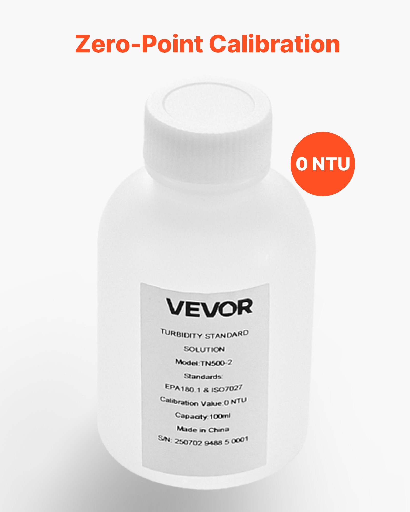 VEVOR Roztwór kalibracyjny mętności 0 NTU 100 ml, standardowy roztwór uzupełniający do mierników mętności, zerowy dryft zapewniający stabilne stężenie, gotowy do użycia, odpowiedni do światła białego/czerwonego