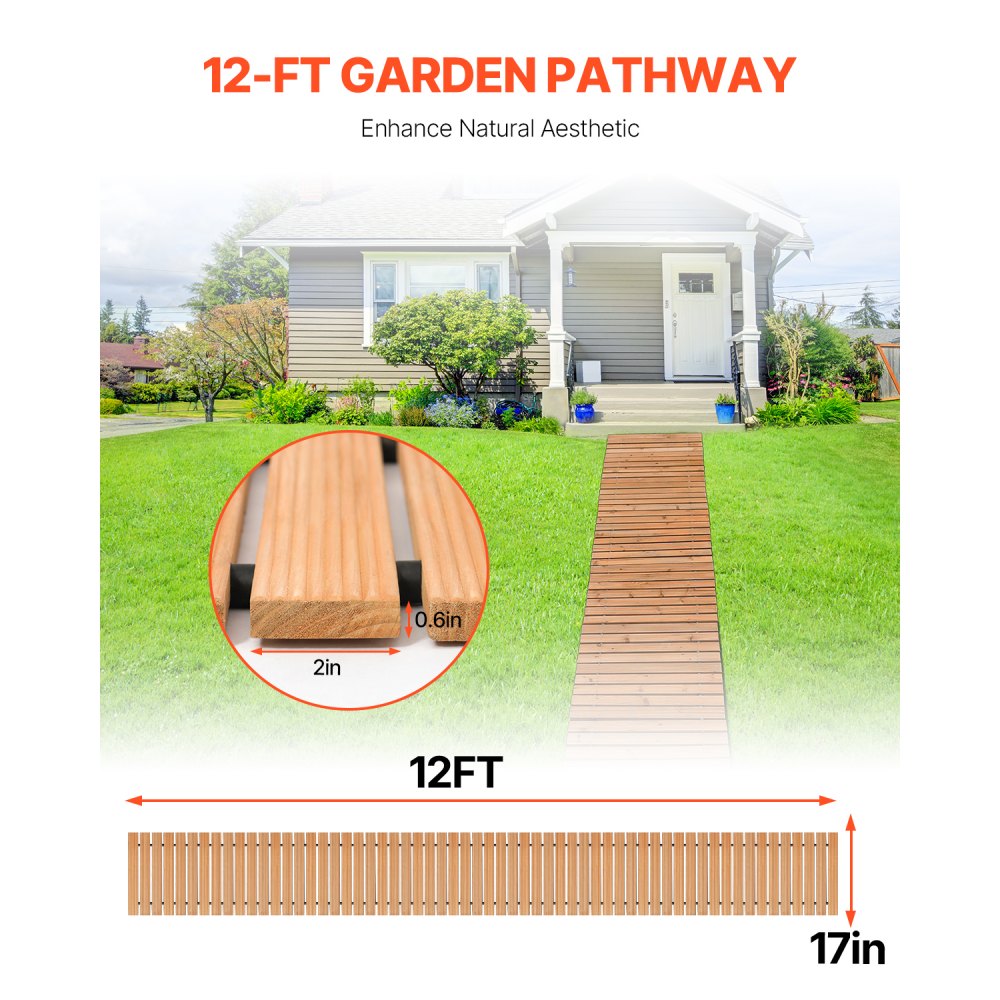 VEVOR Wooden Garden Pathway, 12 ft L x 17 in W, Non-Slip Straight Garden Walkway, Roll Out Cedar Outdoor Walkway Path with Wire Rope Connection, Decorative Garden Paver for Backyard Wedding Party