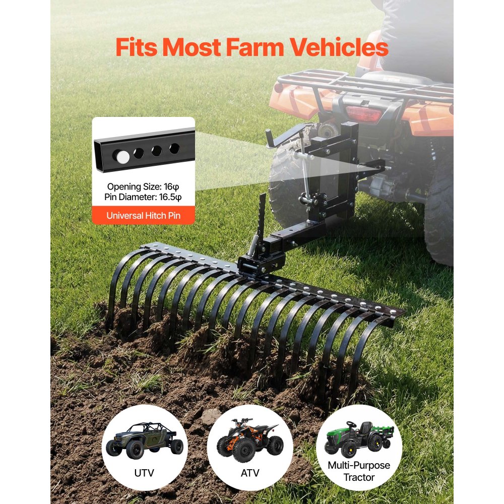 Grabie do siana VEVOR do traktorków ogrodowych, 1070 mm, grabie do siana z 19 zębami i 3-punktowym układem zawieszenia, do pojazdów ATV, UTV i traktorków ogrodowych kategorii 1, wertykulator do usuwania liści i filcu