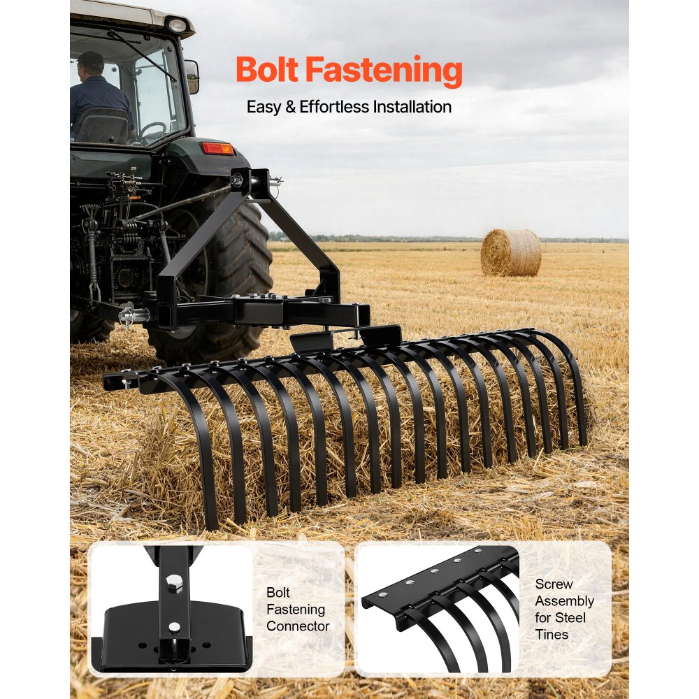 Zgrabiarka do trawy VEVOR, 127 cm, 3-punktowy układ zawieszenia z 17 stalowymi zębami, odpowiednia do ciągników kategorii 1, regulowany kąt, wydajna podkaszarka do trawy, gałęzi i skoszonej trawy