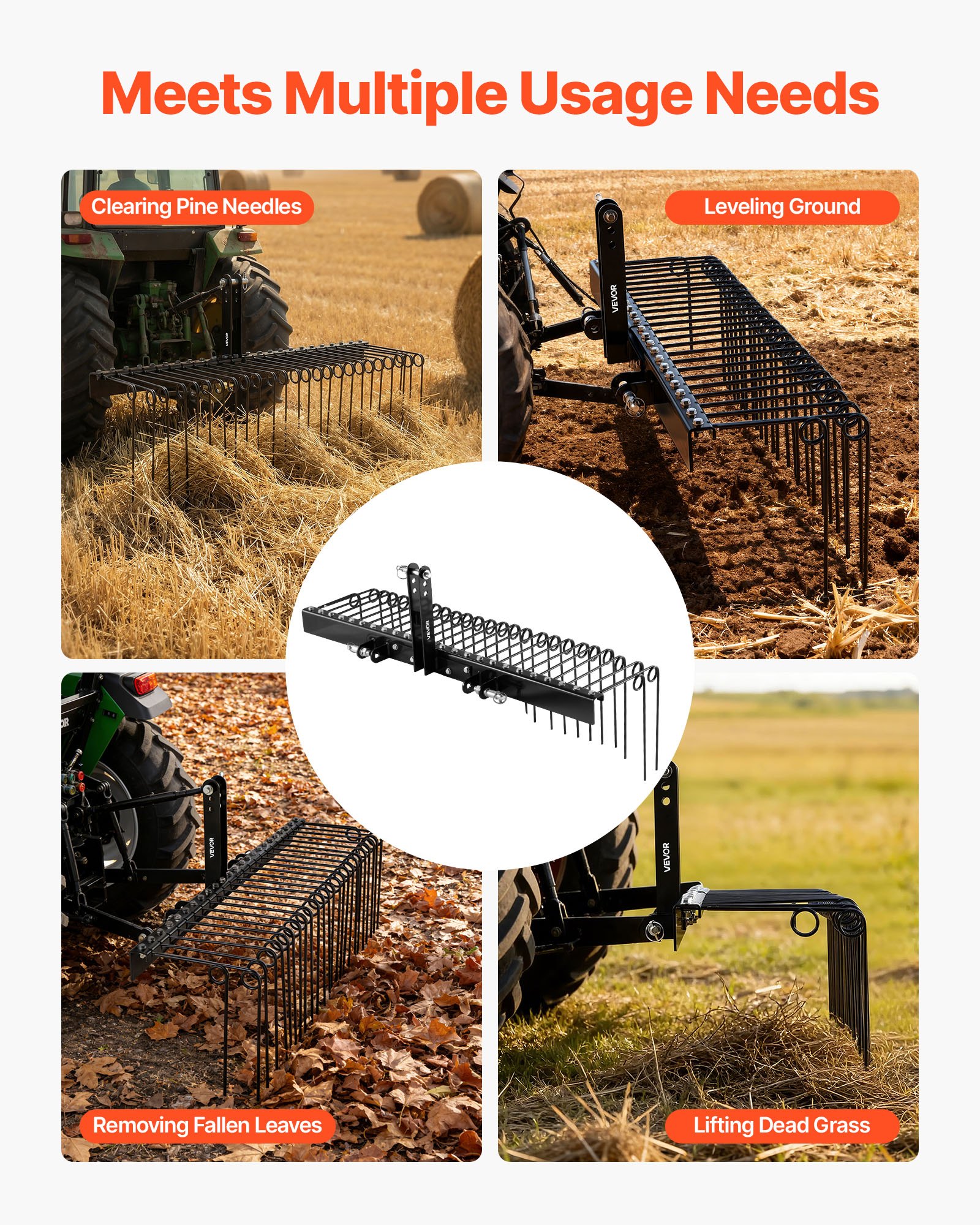 Grabie ogrodowe VEVOR 150 cm, brona trawnikowa z 26 zębami sprężynowymi, aerator trawnika do ciągników kategorii 1, wertykulator z 3-punktowym układem zawieszenia, przystawka do ciągnika do liści i igieł sosnowych