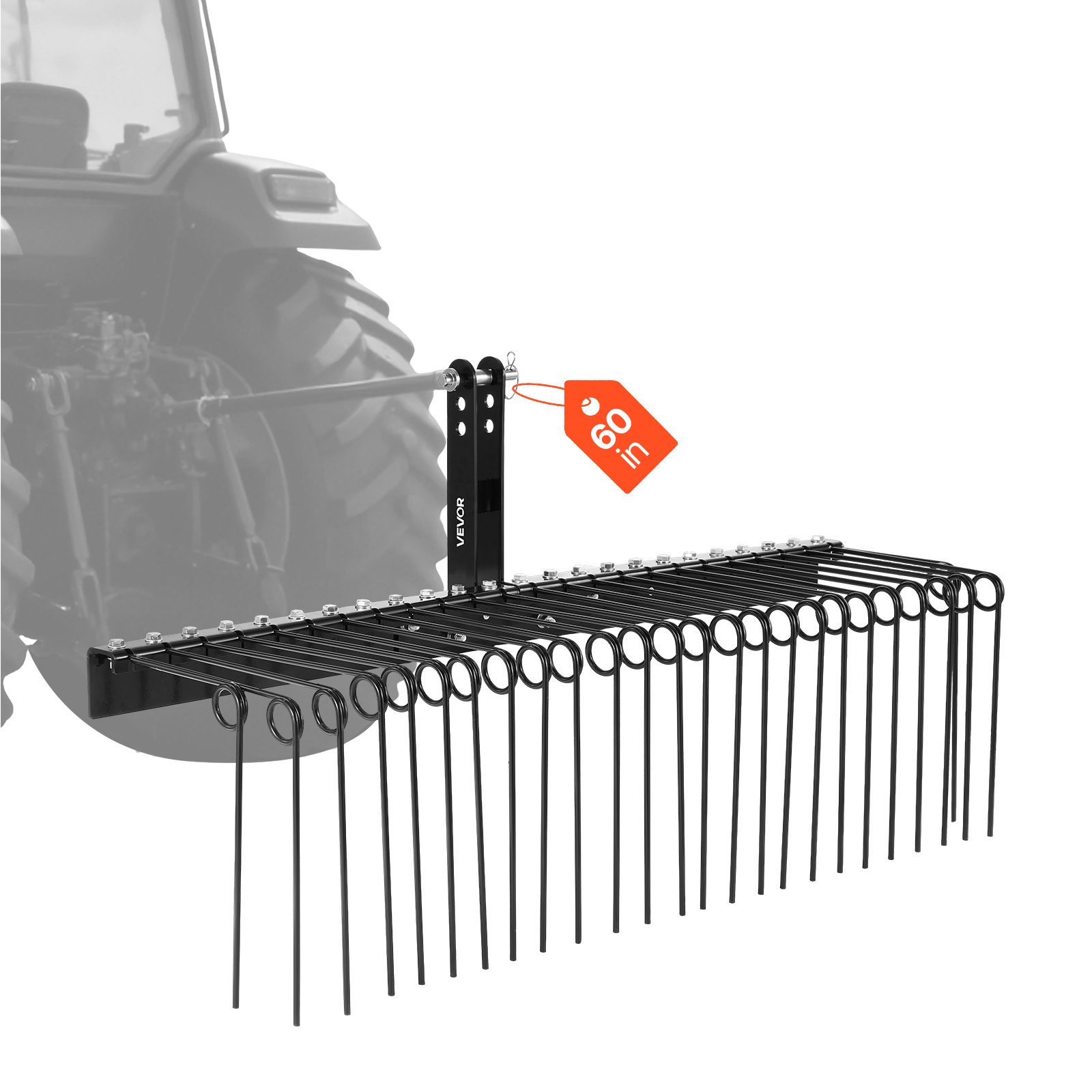 Grabie ogrodowe VEVOR 150 cm, brona trawnikowa z 26 zębami sprężynowymi, aerator trawnika do ciągników kategorii 1, wertykulator z 3-punktowym układem zawieszenia, przystawka do ciągnika do liści i igieł sosnowych