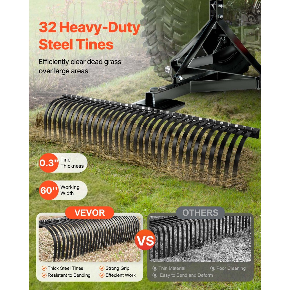 Wertykulator VEVOR, szerokość robocza 1525 mm, grabie ogrodowe z 32 wytrzymałymi stalowymi zębami, grabie ogrodowe z zawieszeniem trzypunktowym kompatybilne z ciągnikiem, aerator trawnika idealny do uprawy gleby i pielęgnacji trawnika