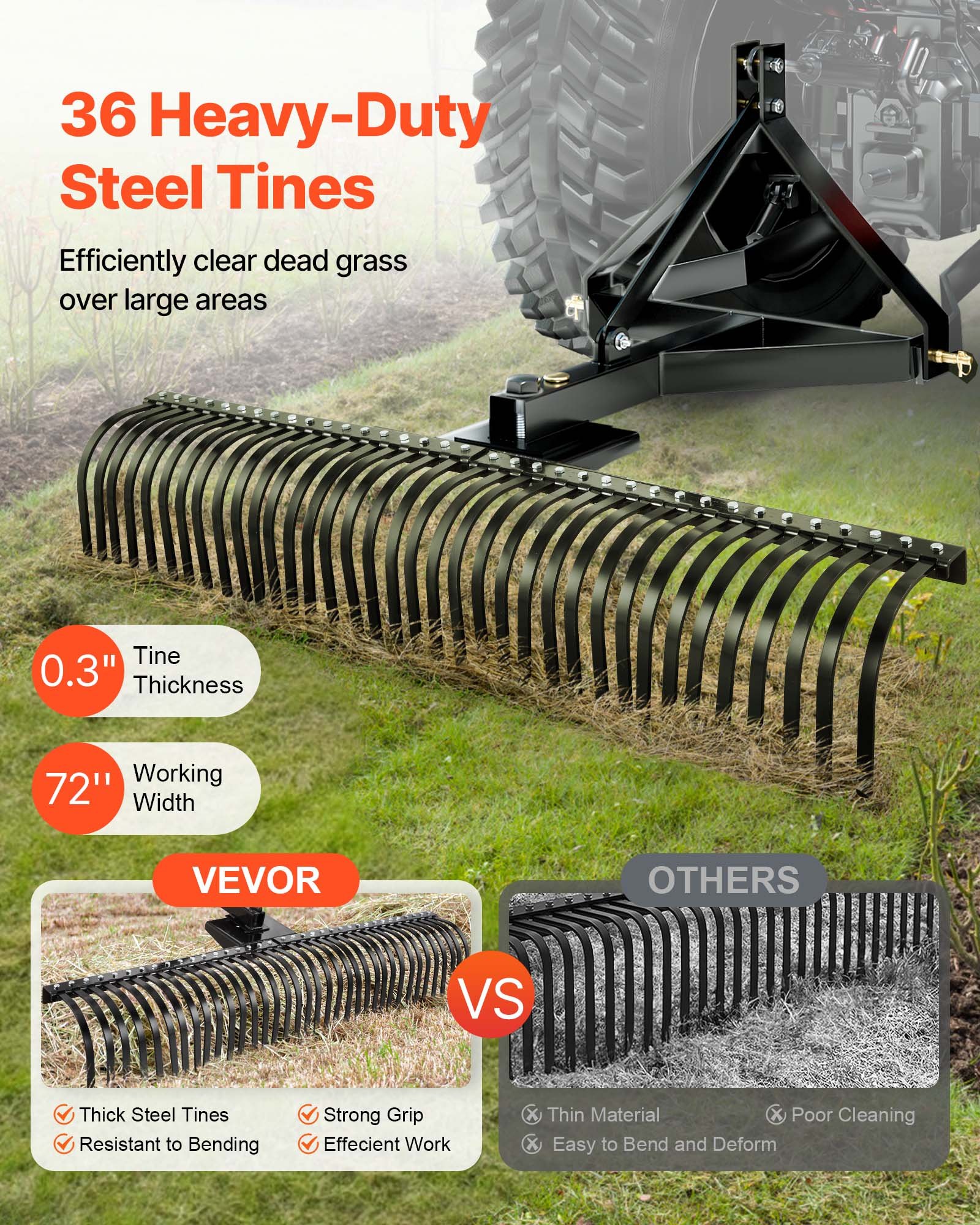 Wertykulator VEVOR, szerokość robocza 1830 mm, grabie ogrodowe z 36 wytrzymałymi stalowymi zębami, grabie ogrodowe z zawieszeniem trzypunktowym kompatybilne z ciągnikiem, aerator trawnika idealny do uprawy gleby i pielęgnacji trawnika