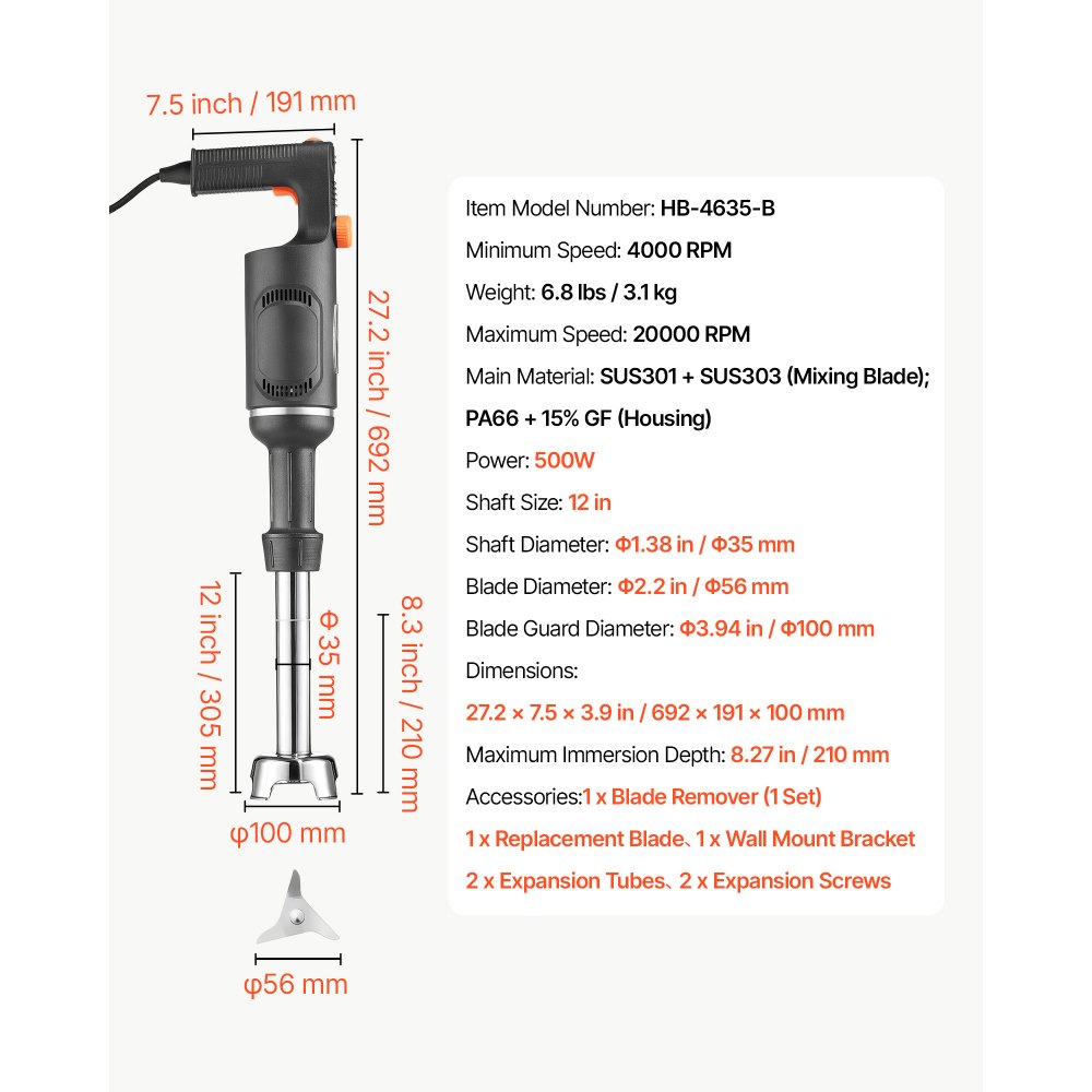 VEVOR Elektryczny blender ręczny 500 W Wałek miksujący 305 mm 4000–20000 obr./min Mikser ręczny do zup i sosów, silnik z czystej miedzi, regulacja prędkości, głowica z 3 ostrzami ze stali nierdzewnej, z uchwytem ściennym