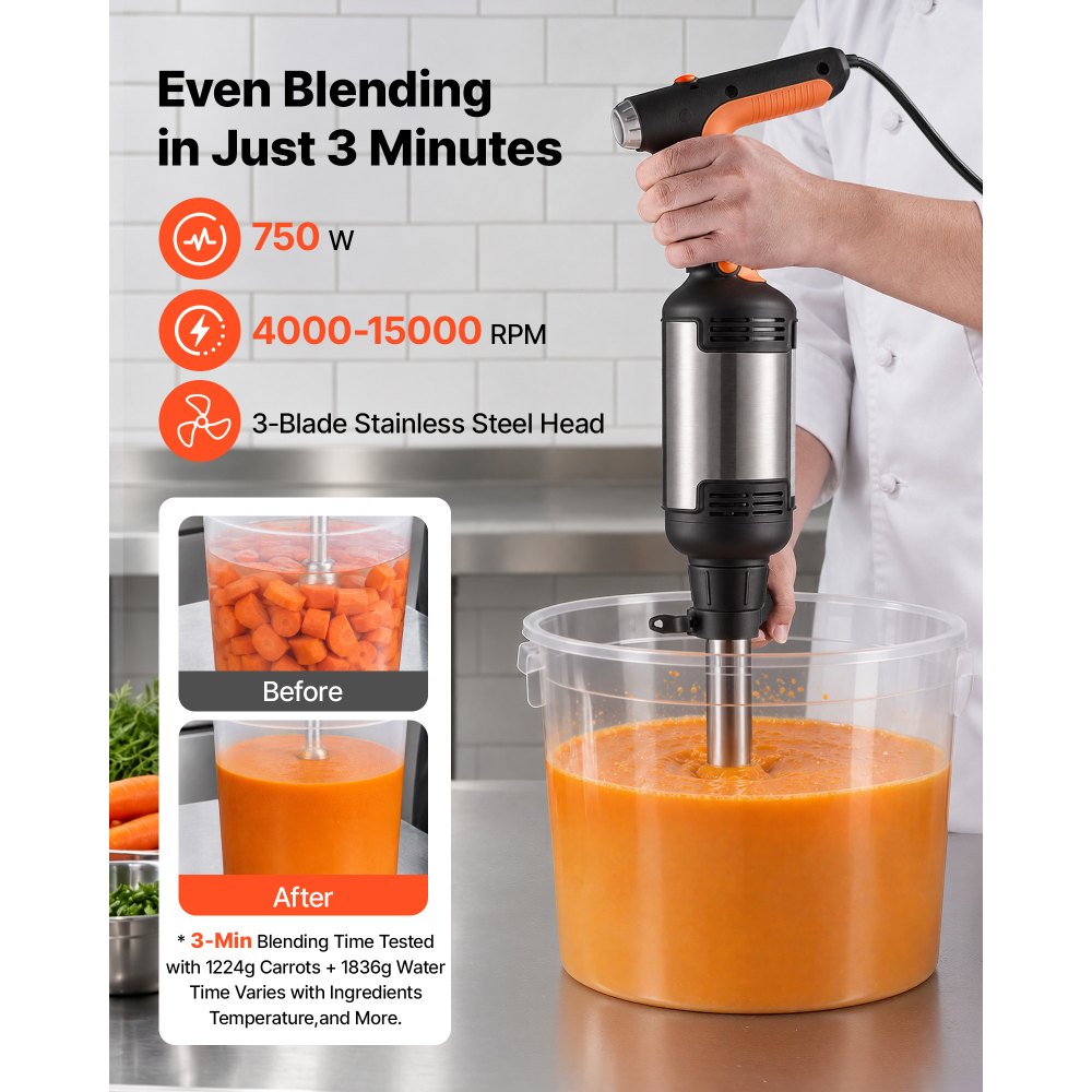 VEVOR Elektryczny blender ręczny 750 W, 355 mm, 4000–15000 obr./min, do restauracji, mikser ręczny do zup i sosów, silnik z czystej miedzi, regulacja prędkości, głowica z 3 ostrzami ze stali nierdzewnej, uchwyt