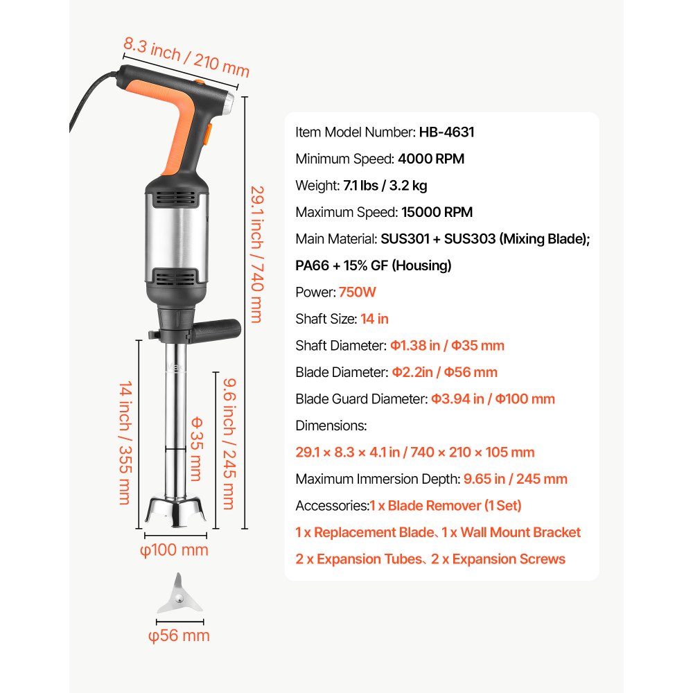 VEVOR Elektryczny blender ręczny 750 W, 355 mm, 4000–15000 obr./min, do restauracji, mikser ręczny do zup i sosów, silnik z czystej miedzi, regulacja prędkości, głowica z 3 ostrzami ze stali nierdzewnej, uchwyt