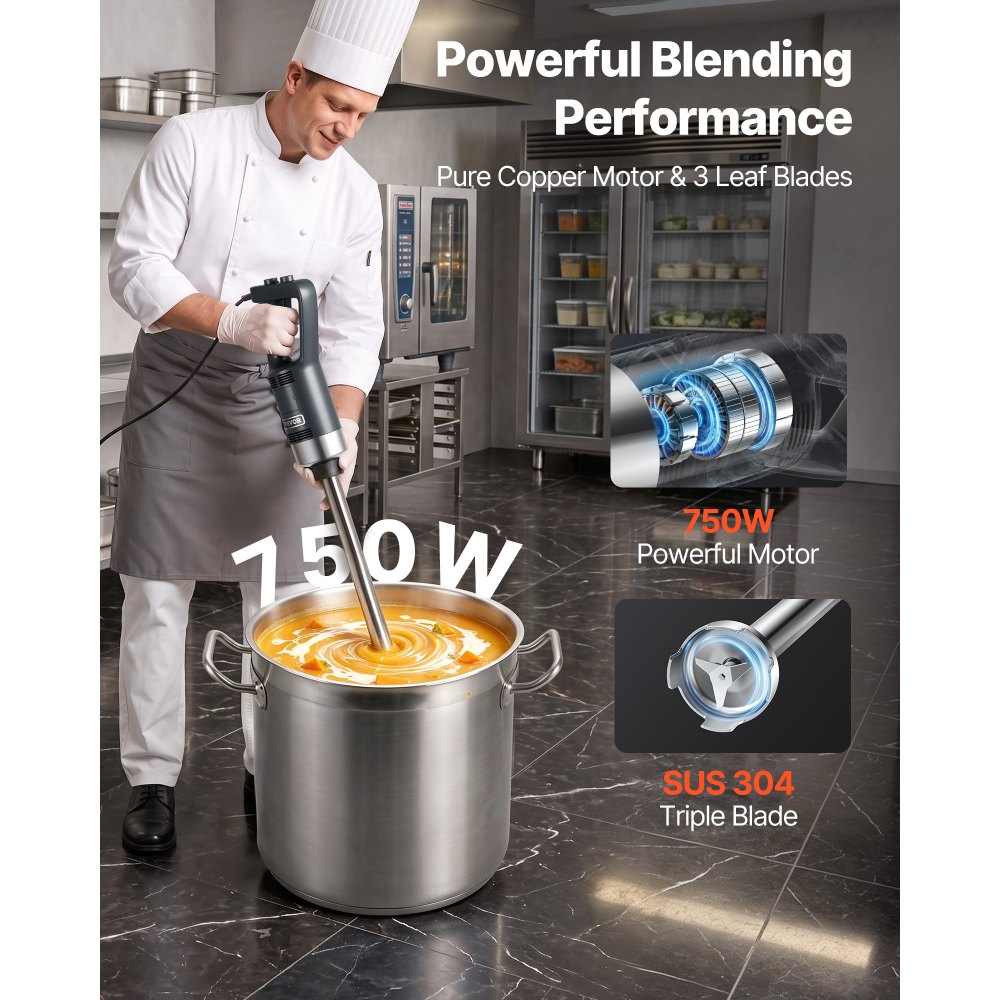 VEVOR Electric Hand Blender, 750W, High-Performance Blending Wand, Adjustable Speeds, Stainless Steel, Multi-Purpose Hand Blender, 855mm Detachable Stirring Rod, Includes Wall Hook & Replacement Blade Head