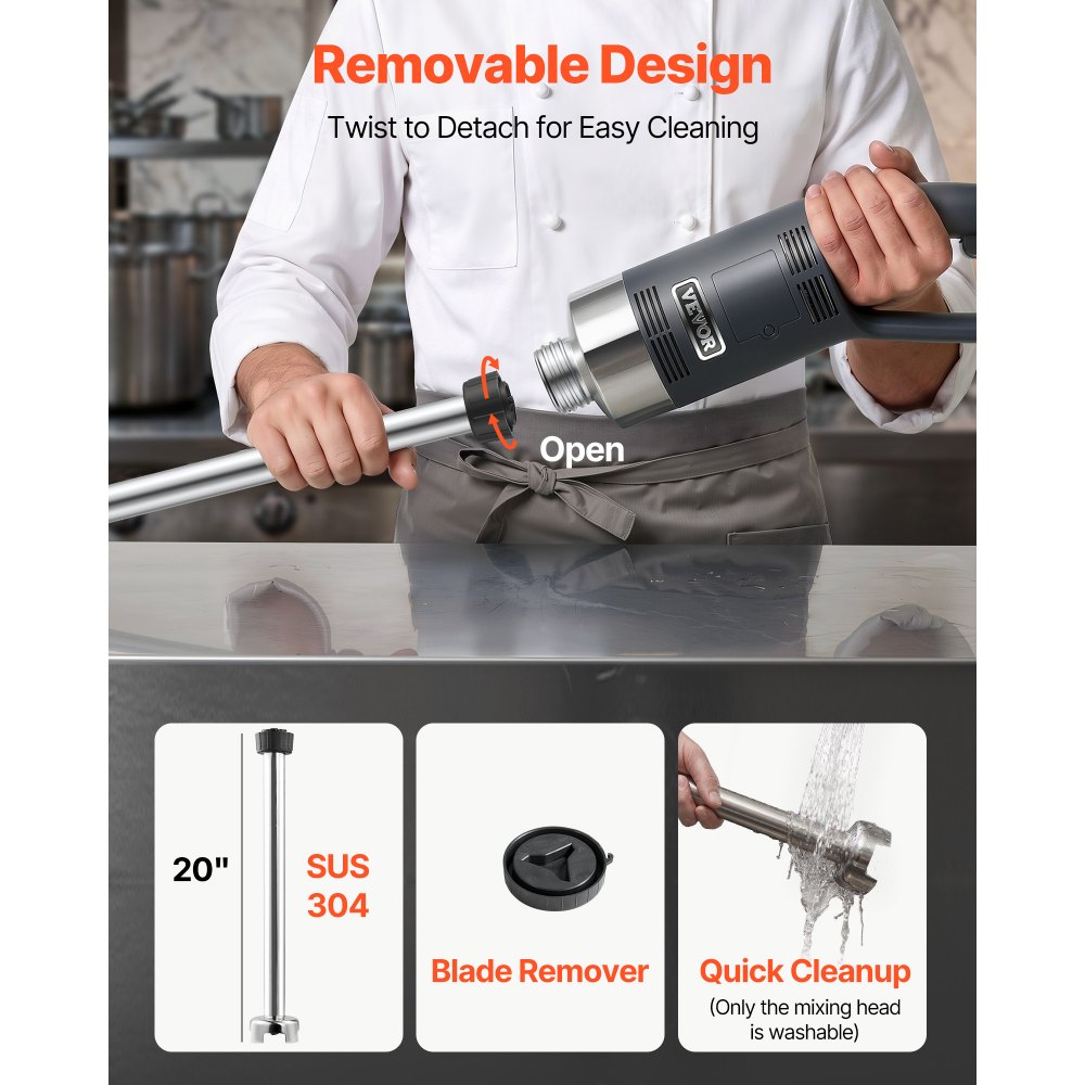 VEVOR Electric Hand Blender, 750W, High-Performance Blending Wand, Adjustable Speeds, Stainless Steel, Multi-Purpose Hand Blender, 855mm Detachable Stirring Rod, Includes Wall Hook & Replacement Blade Head