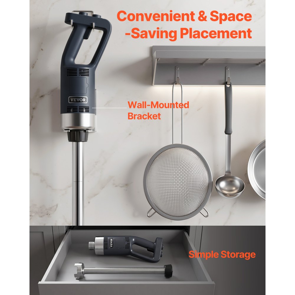 VEVOR Electric Hand Blender, 750W, High-Performance Blending Wand, Adjustable Speeds, Stainless Steel, Multi-Purpose Hand Blender, 855mm Detachable Stirring Rod, Includes Wall Hook & Replacement Blade Head