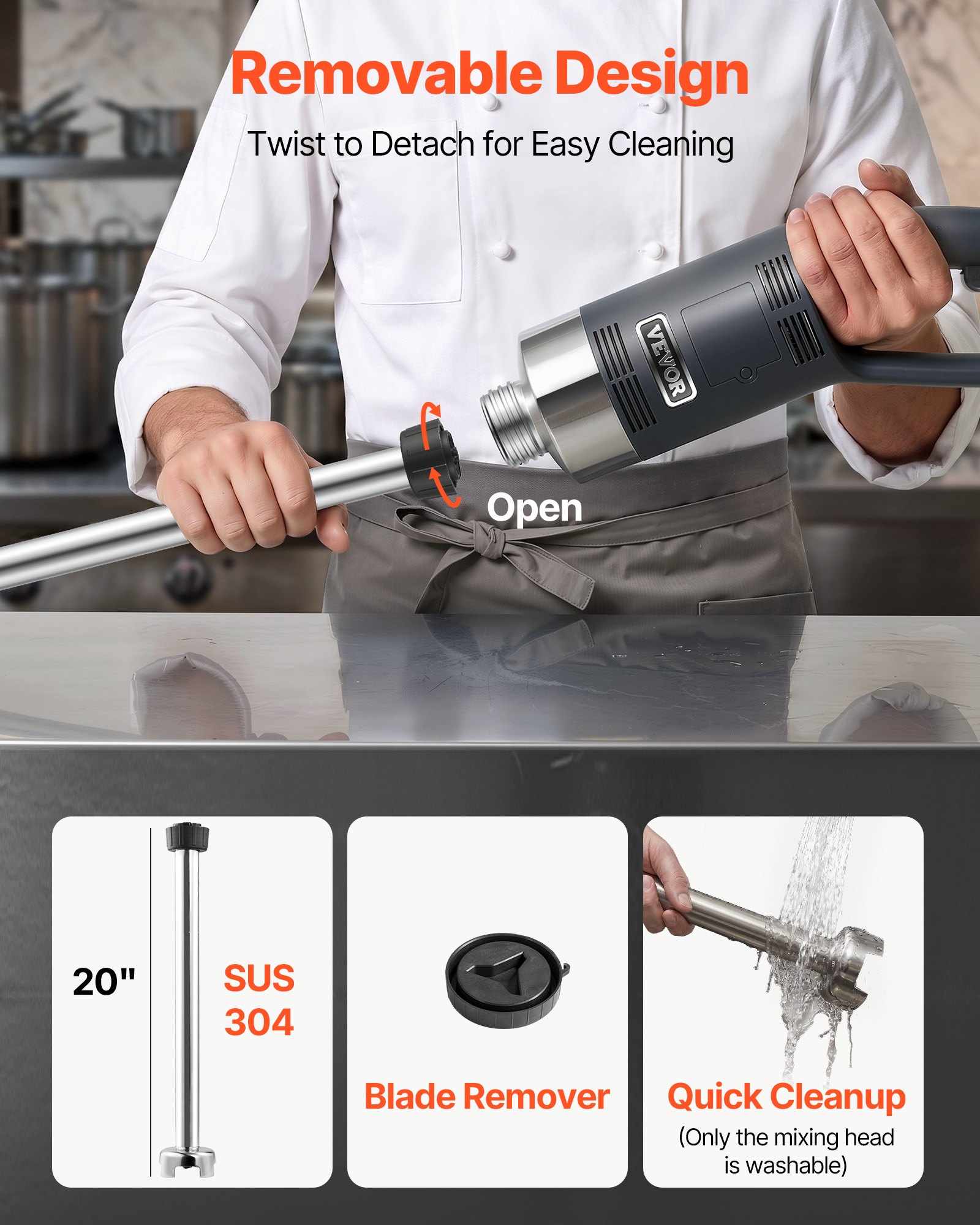 VEVOR Electric Hand Blender, 750W, High-Performance Blending Wand, Adjustable Speeds, Stainless Steel, Multi-Purpose Hand Blender, 855mm Detachable Stirring Rod, Includes Wall Hook & Replacement Blade Head