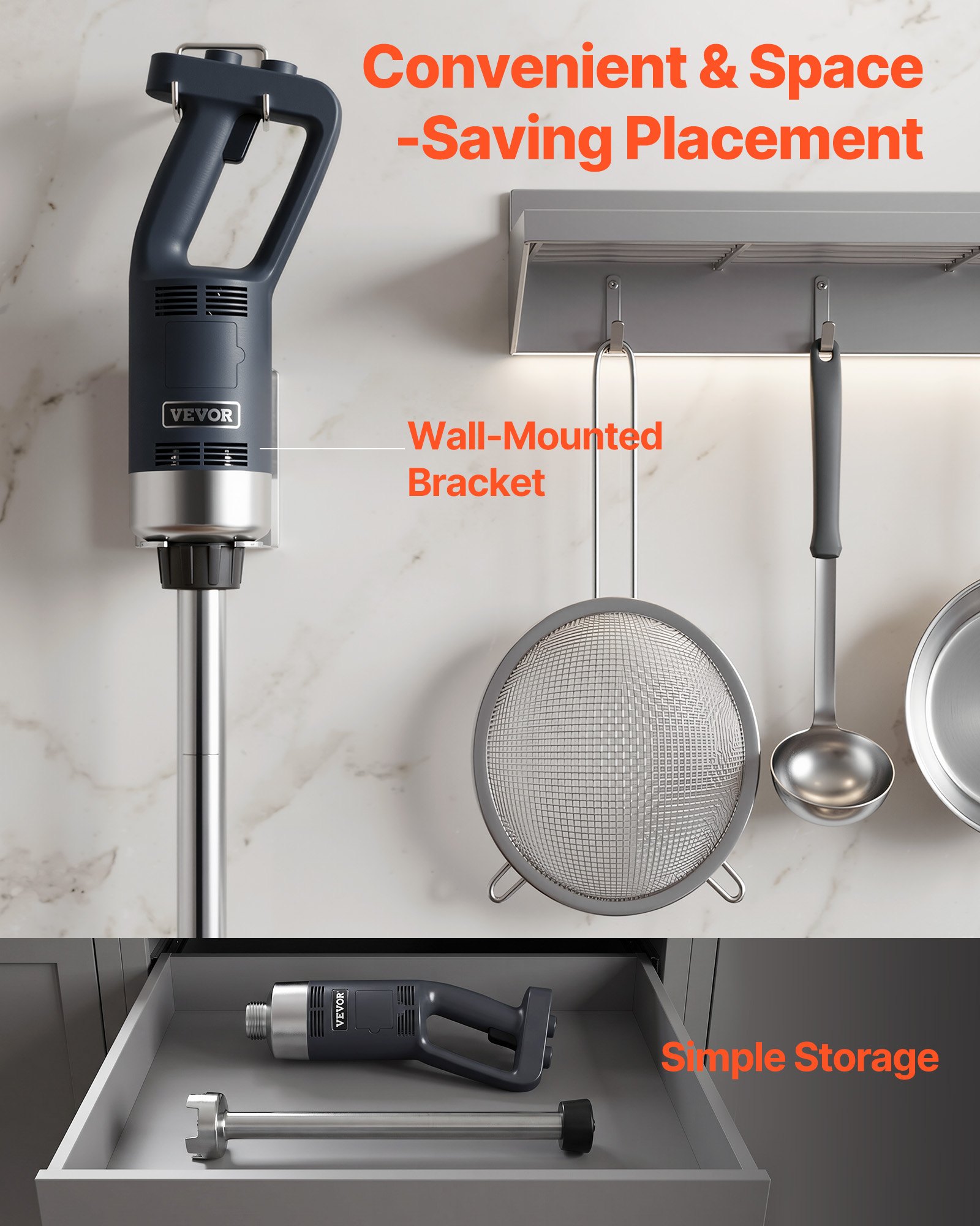 VEVOR Electric Hand Blender, 750W, High-Performance Blending Wand, Adjustable Speeds, Stainless Steel, Multi-Purpose Hand Blender, 855mm Detachable Stirring Rod, Includes Wall Hook & Replacement Blade Head