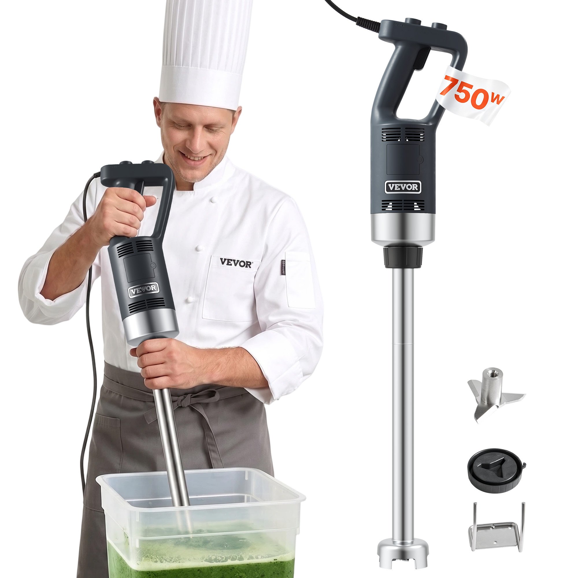 VEVOR Electric Hand Blender, 750W, High-Performance Blending Wand, Adjustable Speeds, Stainless Steel, Multi-Purpose Hand Blender, 855mm Detachable Stirring Rod, Includes Wall Hook & Replacement Blade Head