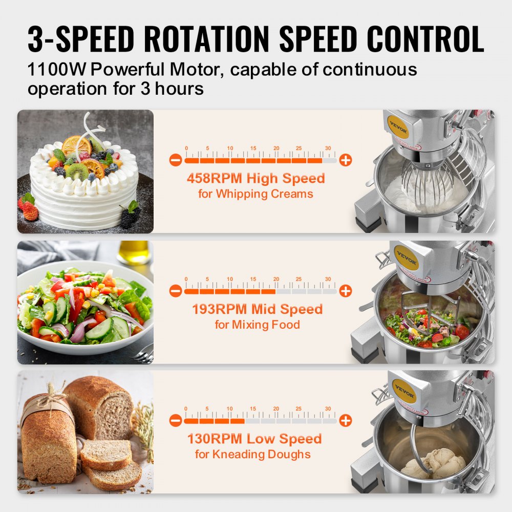 Mikser kuchenny VEVOR, mikser stojący o pojemności 18,7 l z 3 regulowanymi prędkościami, mikser do ciasta o mocy 1100 W ze stalową misą i 3 nasadkami do mieszania, idealny do restauracji, piekarni, cukierni, kawiarni itp.