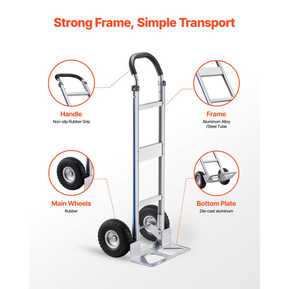 Wózek transportowy VEVOR, udźwig 227 kg, wytrzymały wózek transportowy z uchwytem, ​​wózek ręczny ze stopu aluminium z pasem mocującym, wózek do składowania w domu, biurze lub magazynie, 480 x 500 x 1340 mm