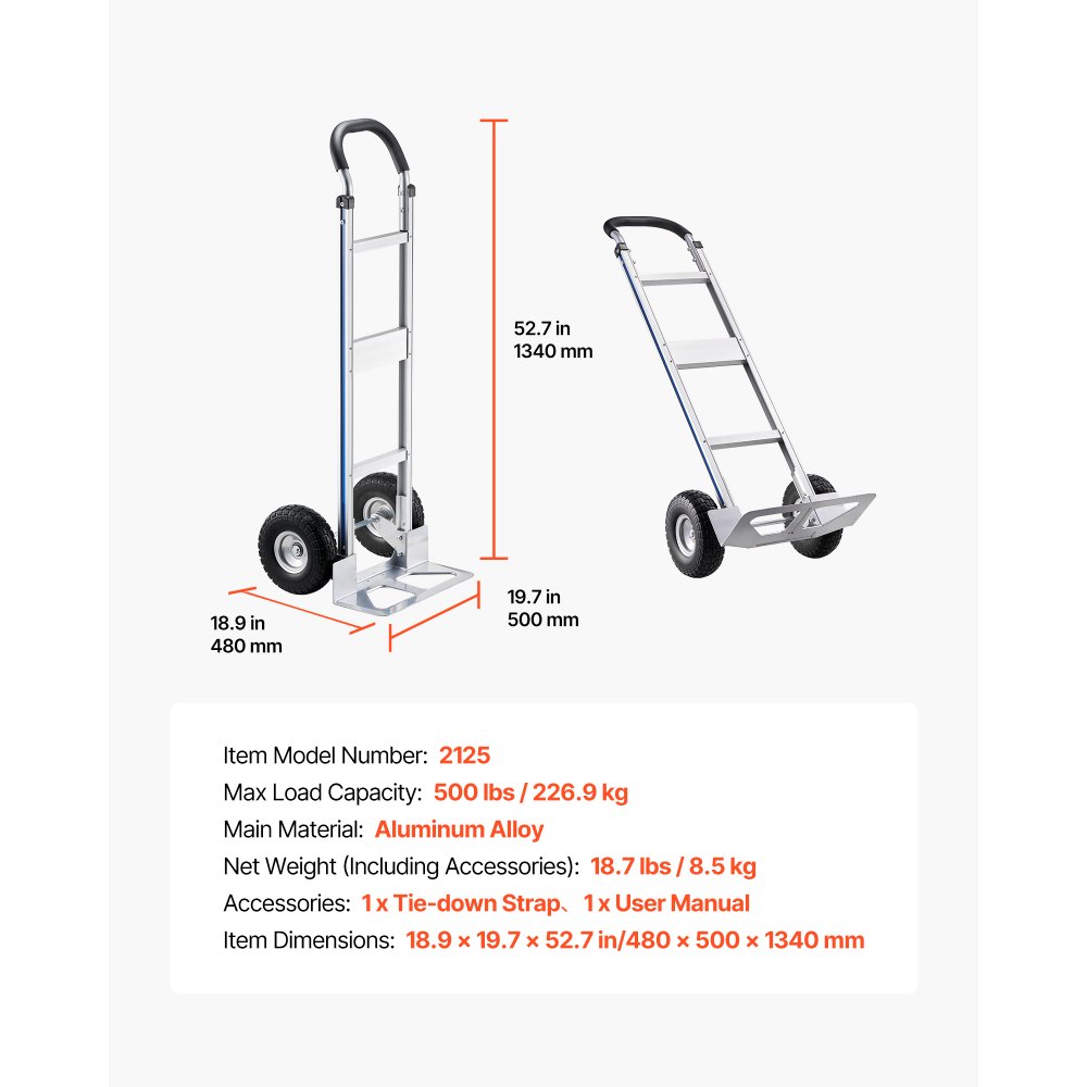 Wózek transportowy VEVOR, udźwig 227 kg, wytrzymały wózek transportowy z uchwytem, ​​wózek ręczny ze stopu aluminium z pasem mocującym, wózek do składowania w domu, biurze lub magazynie, 480 x 500 x 1340 mm