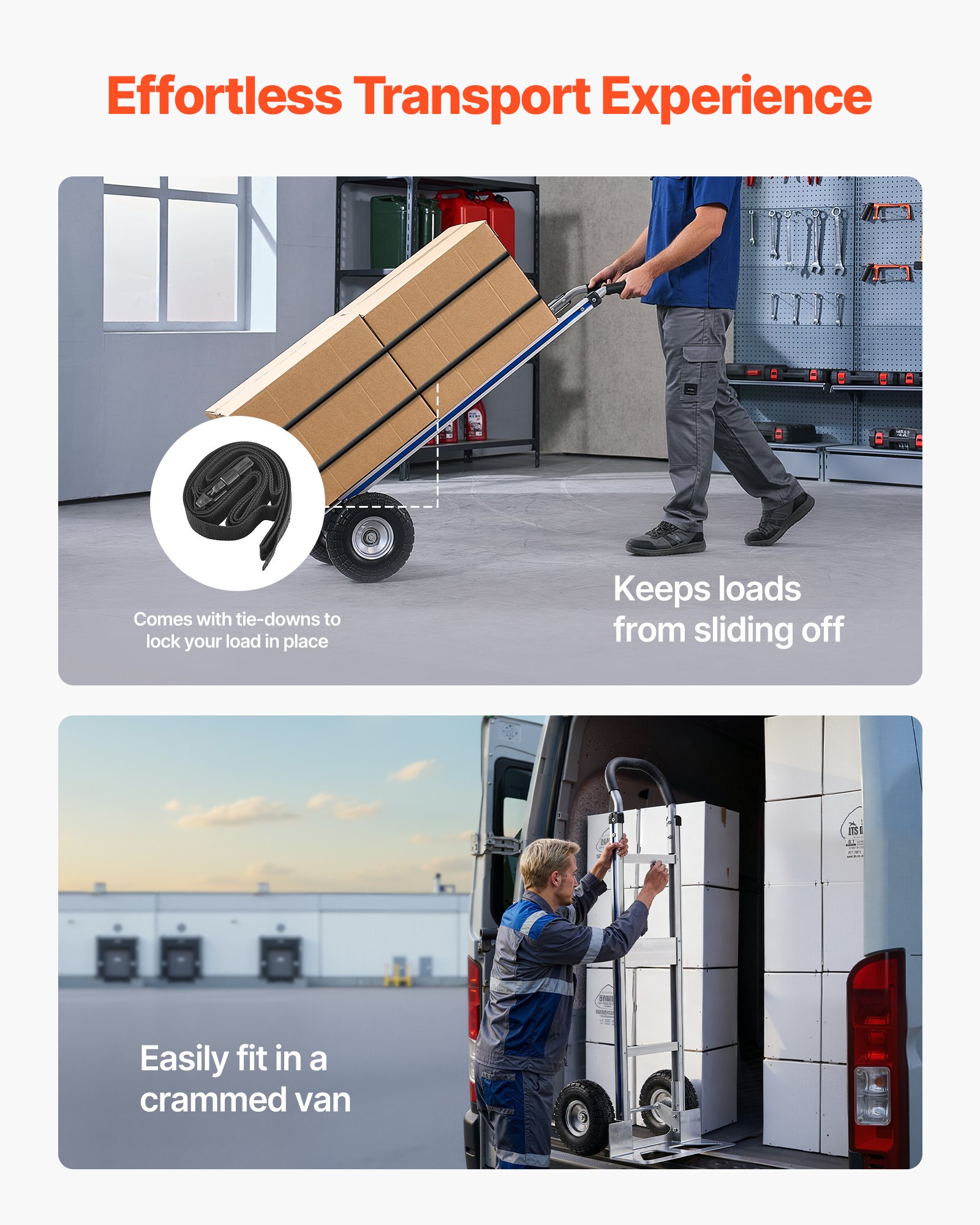 Wózek transportowy VEVOR, udźwig 227 kg, wytrzymały wózek transportowy z uchwytem, ​​wózek ręczny ze stopu aluminium z pasem mocującym, wózek do składowania w domu, biurze lub magazynie, 480 x 500 x 1340 mm