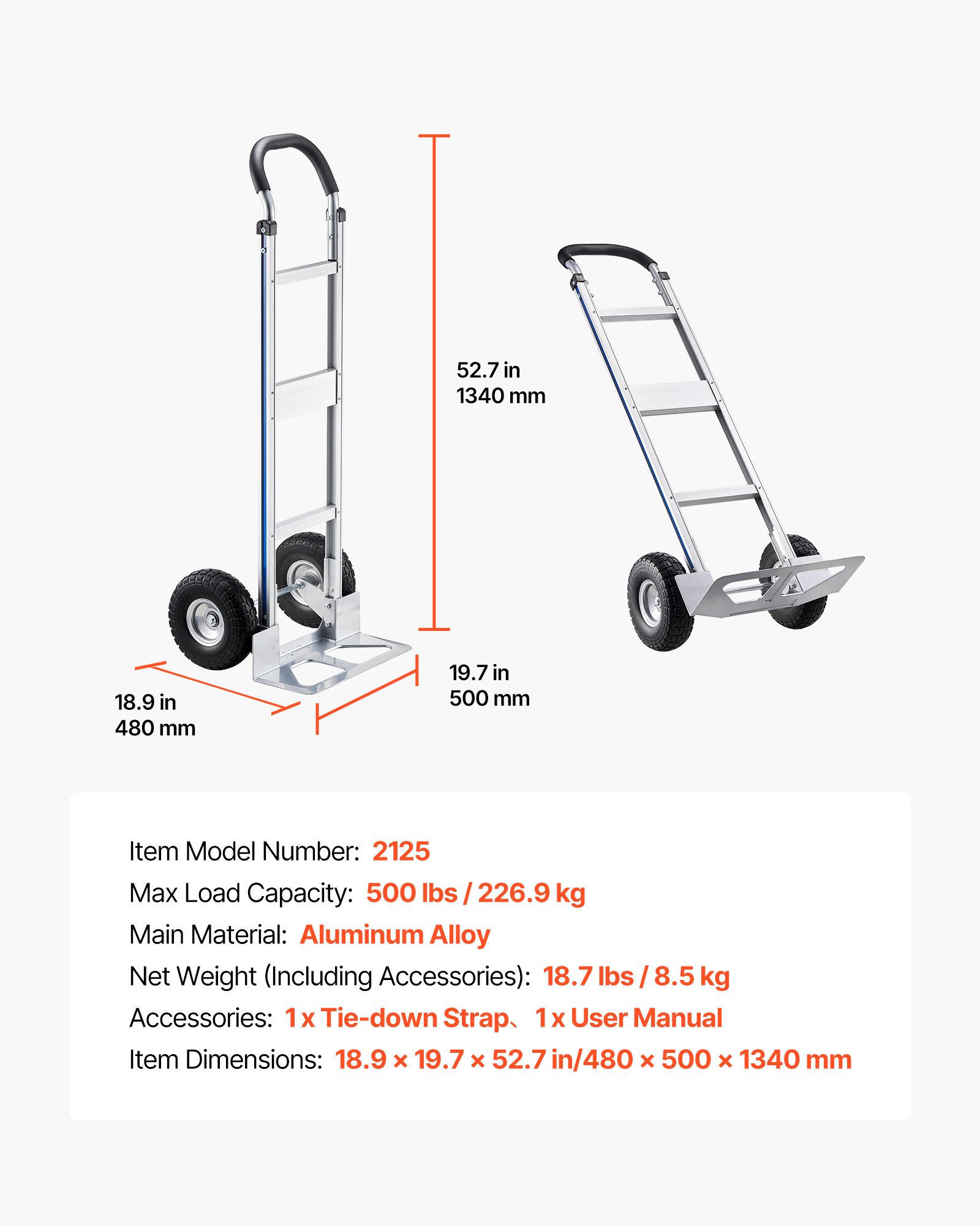 Wózek transportowy VEVOR, udźwig 227 kg, wytrzymały wózek transportowy z uchwytem, ​​wózek ręczny ze stopu aluminium z pasem mocującym, wózek do składowania w domu, biurze lub magazynie, 480 x 500 x 1340 mm
