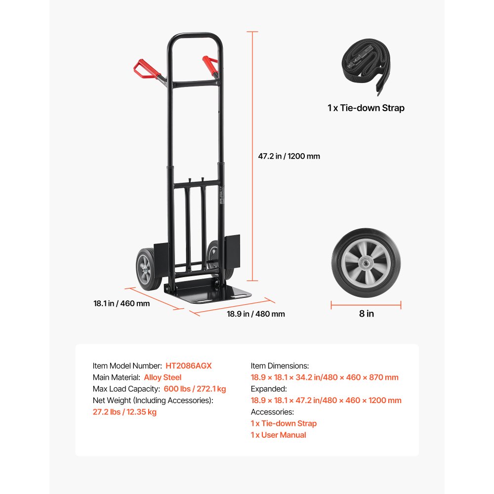 Wózek ręczny VEVOR, udźwig 272 kg, wózek transportowy 480x460x1200 mm, wózek przenośny z pasem mocującym, rolka transportowa, wózek do składowania, wózek transportowy do domu, biura, magazynu, supermarketu