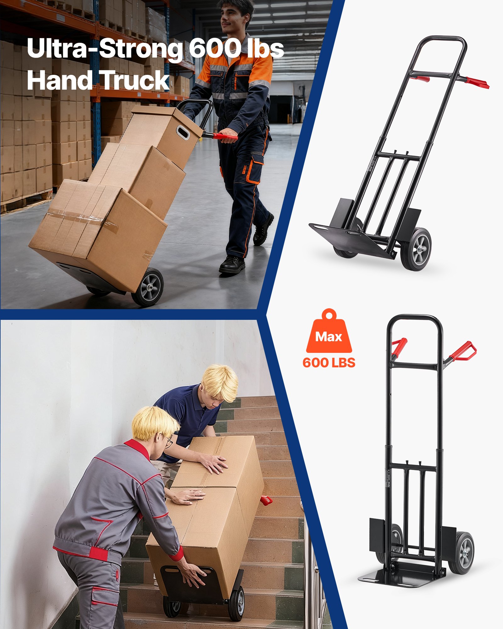 Wózek ręczny VEVOR, udźwig 272 kg, wózek transportowy 480x460x1200 mm, wózek przenośny z pasem mocującym, rolka transportowa, wózek do składowania, wózek transportowy do domu, biura, magazynu, supermarketu