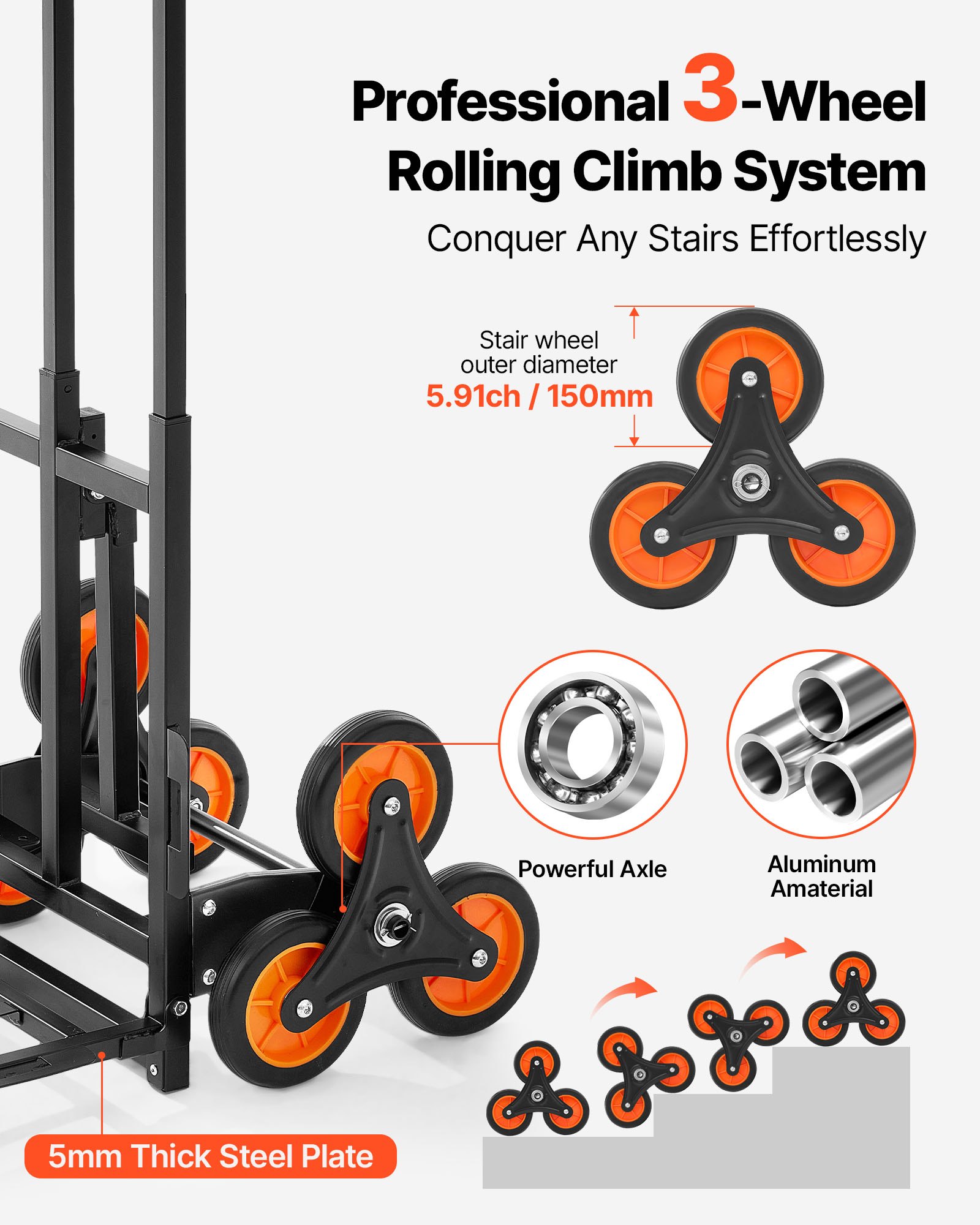 VEVOR Składany wózek schodowy, udźwig 100 kg, wózek schodowy z teleskopową rączką, 6 kółek i 2 pasami napinającymi, wózek transportowy, wózek schodowy, wózek ręczny do układania w stosy do użytku domowego, na zakupy i do przechowywania