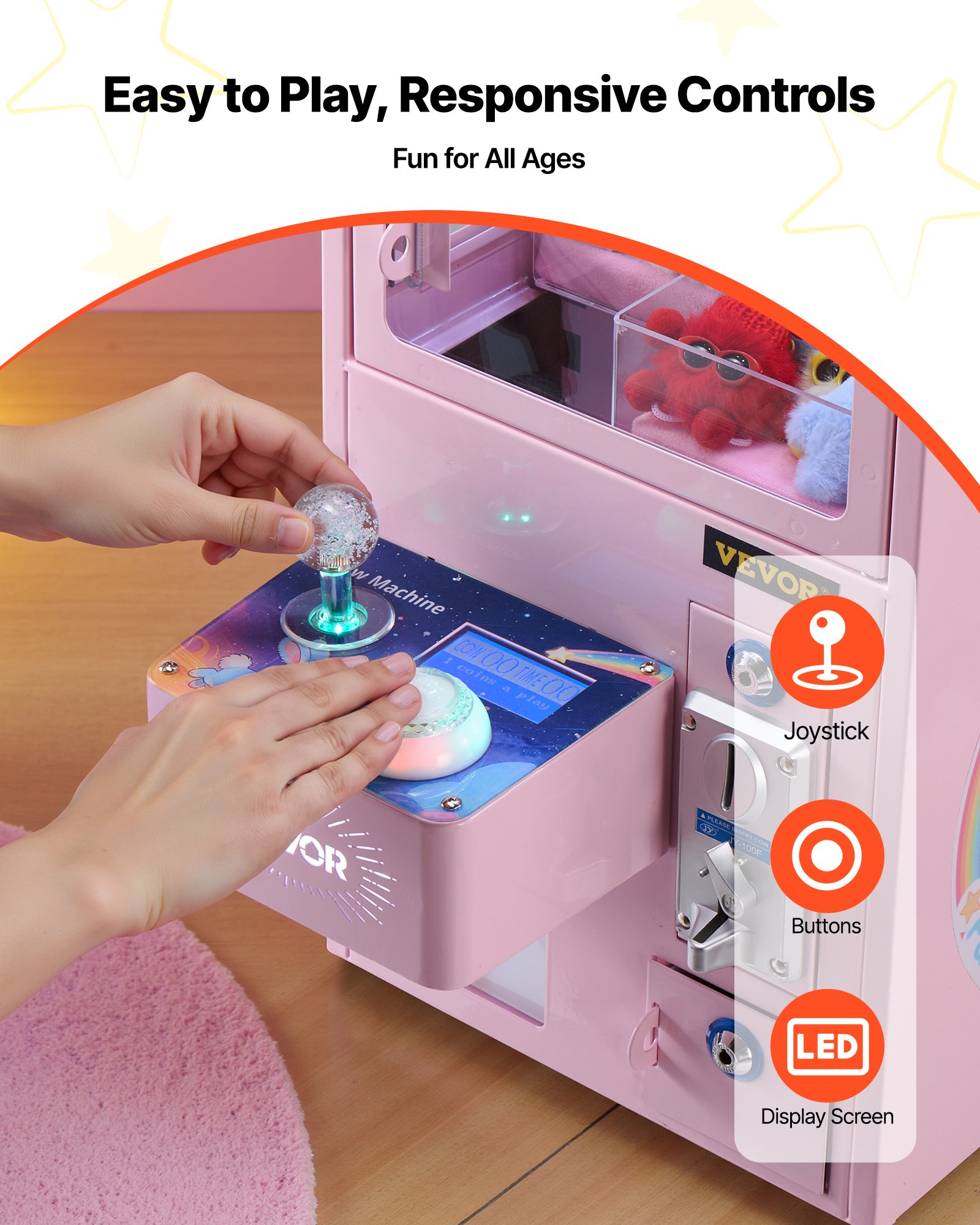 Automat do gier VEVOR Claw Machine, średniej wielkości automat do gier ze światłem i dźwiękiem, precyzyjny stalowy pazur z regulowanym uchwytem do pluszowych zabawek, zabawka do sprzedaży detalicznej, na domowe imprezy komercyjne i do kin, różowy