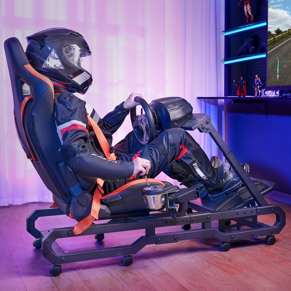VEVOR Racing Wheel Stand z kołami do Logitech G923/G920/G29, solidny stalowy kokpit symulatora jazdy - Thrustmaster T248P, regulowany uchwyt kierownicy i pedał nożny, maksymalne obciążenie 150 kg