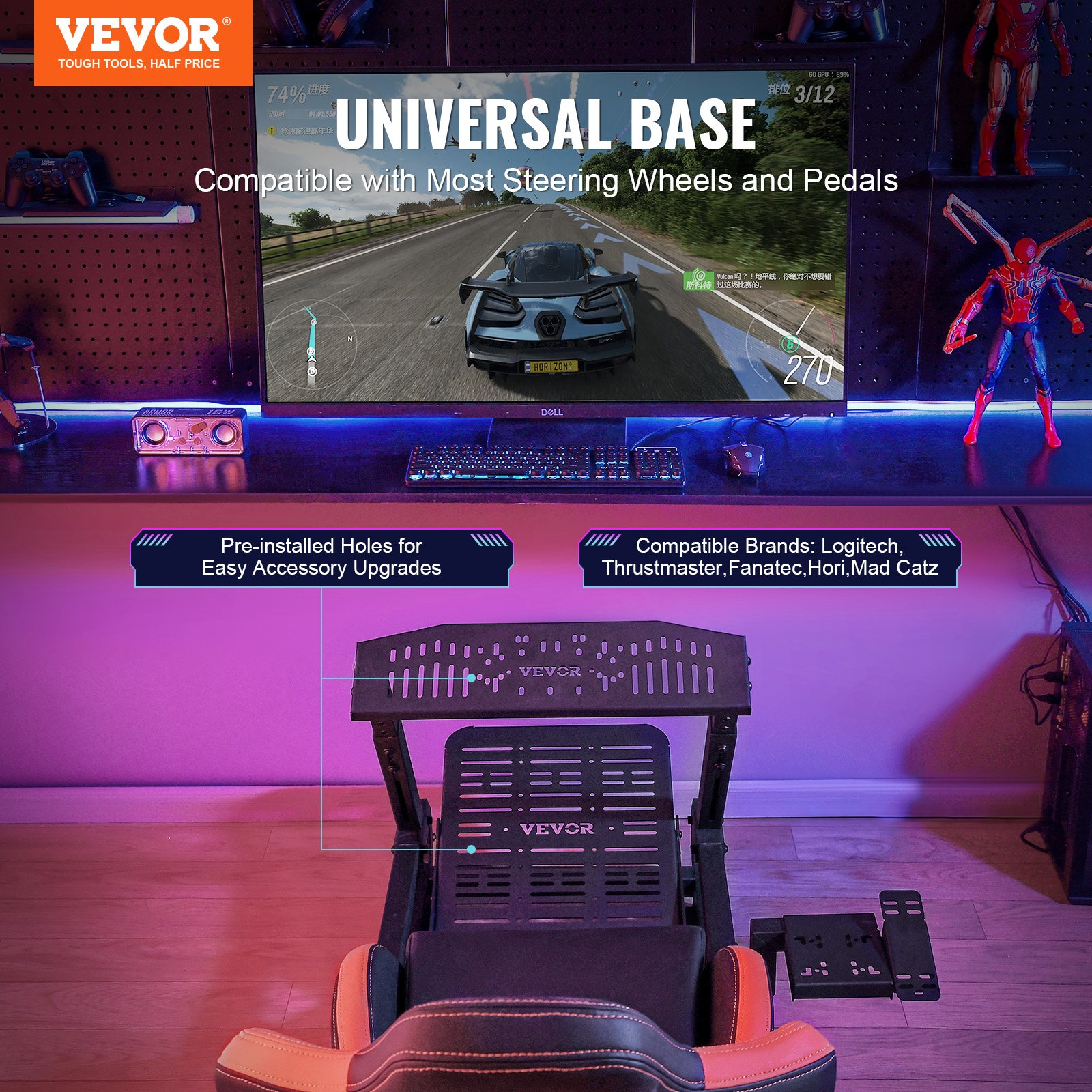 VEVOR Racing Wheel Stand z kołami do Logitech G923/G920/G29, solidny stalowy kokpit symulatora jazdy - Thrustmaster T248P, regulowany uchwyt kierownicy i pedał nożny, maksymalne obciążenie 150 kg