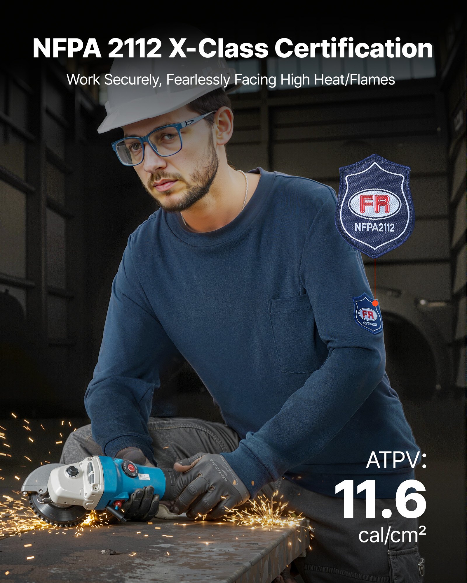 VEVOR FR Shirts, Flame Resistant Long Sleeve Clothing Lightweight 7 oz Breathable Cotton, Men's Fire Retardant Work Shirt with Pre-shrink Treatment & Pocket, for Welders,Electricians,Navy Blue 2XL