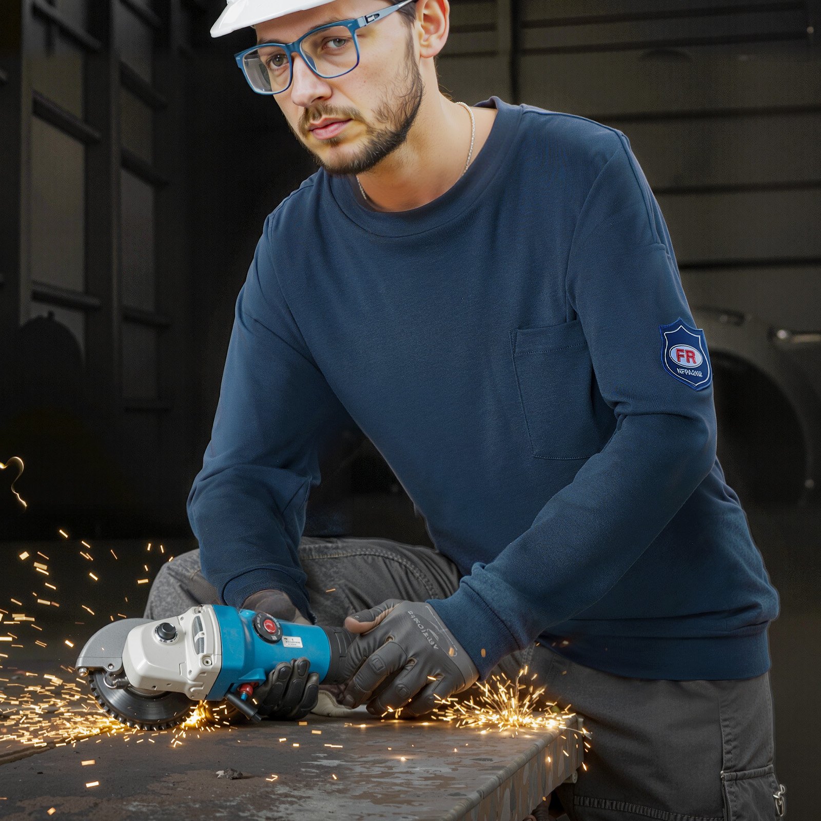 VEVOR FR Shirts, Flame Resistant Long Sleeve Clothing Lightweight 7 oz Breathable Cotton, Men's Fire Retardant Work Shirt with Pre-shrink Treatment & Pocket, for Welders,Electricians,Navy Blue 2XL