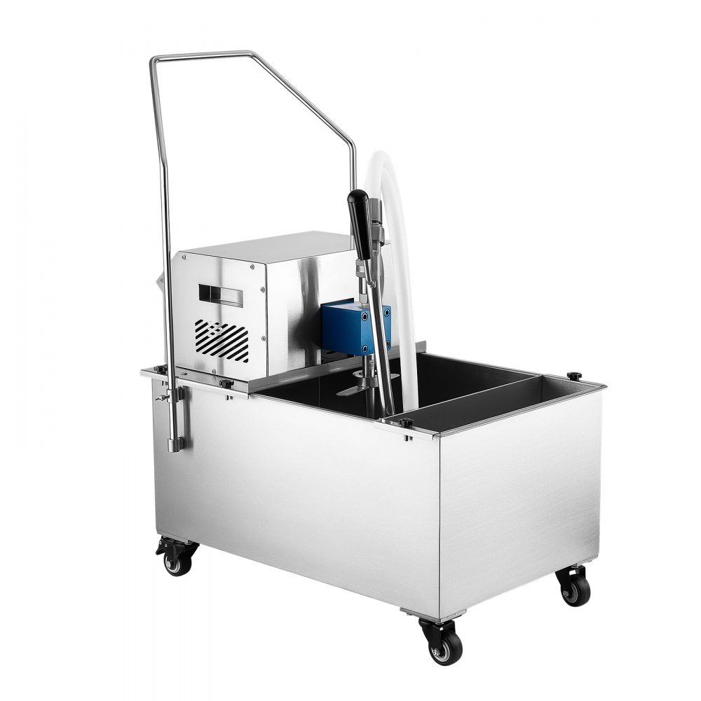 VEVOR Mobilna maszyna filtrująca do frytkownicy, 55 l, 250 W, wózek na filtr oleju do frytkownicy komercyjnej, powrót grawitacyjny z wężem odpornym na ciepło, osłona przeciwbryzgowa ze stali nierdzewnej i 4 kółka obrotowe