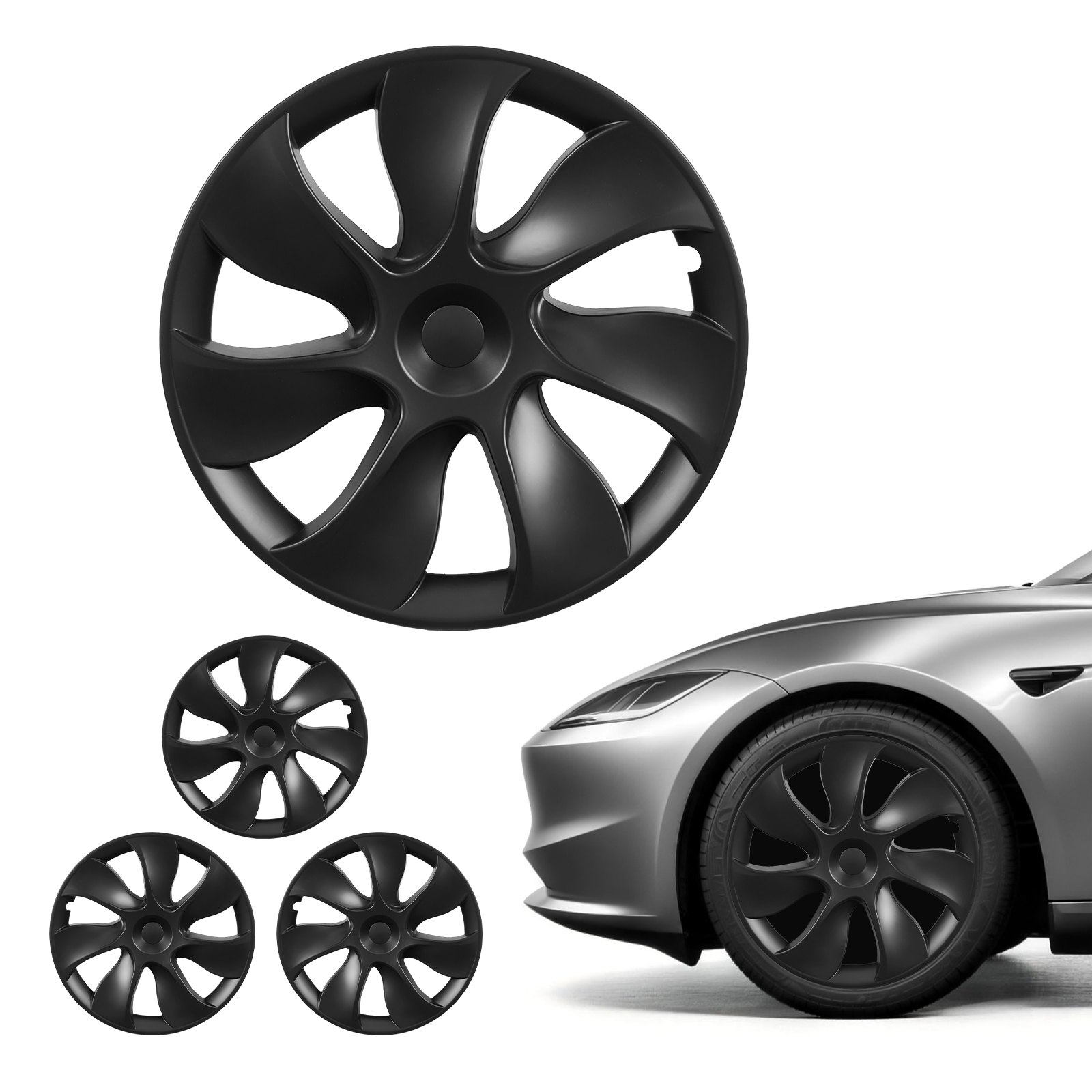 VEVOR 4x Pokrowce na koła do Tesli Model Y 21-24, 19-calowe kołpaki wykonane z tworzywa ABS, zestaw 4 pokrowców na koła z 7 ramionami i zatrzaskowym mocowaniem, R19 Pokrowce na koła do dekoracji i ochrony przed kurzem, matowa czerń