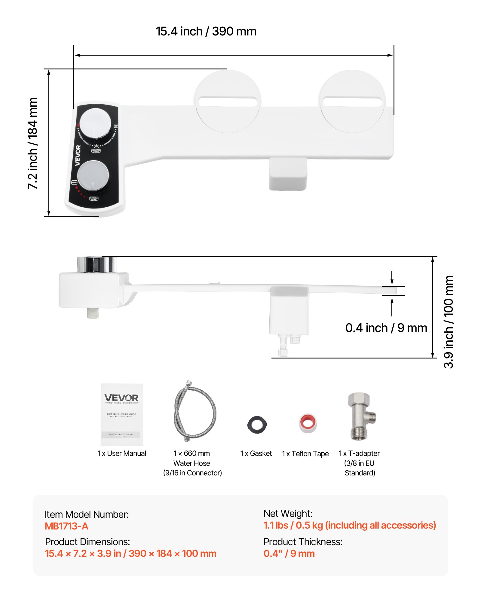Nakładka bidetowa VEVOR Ultracienka nakładka na deskę sedesową z 2 wysuwanymi dyszami i regulowanym ciśnieniem wody, bezelektryczny spryskiwacz zimnej wody do mycia przedniej i tylnej części toalety