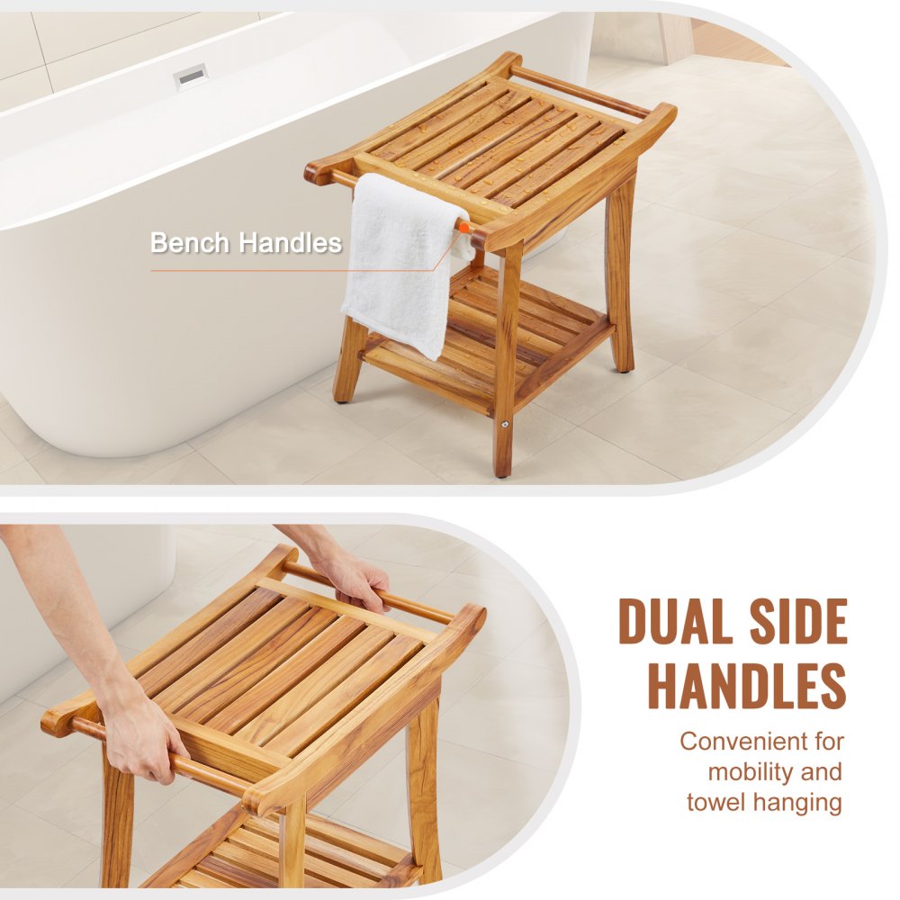 VEVOR Teak Wood Shower Bench, 56 x 36 x 47 cm, Waterproof Wooden Shower Stool with Shelf, Handle and Non-Slip Feet, Maximum Load Capacity 136 kg, for Indoor and Outdoor Bathrooms