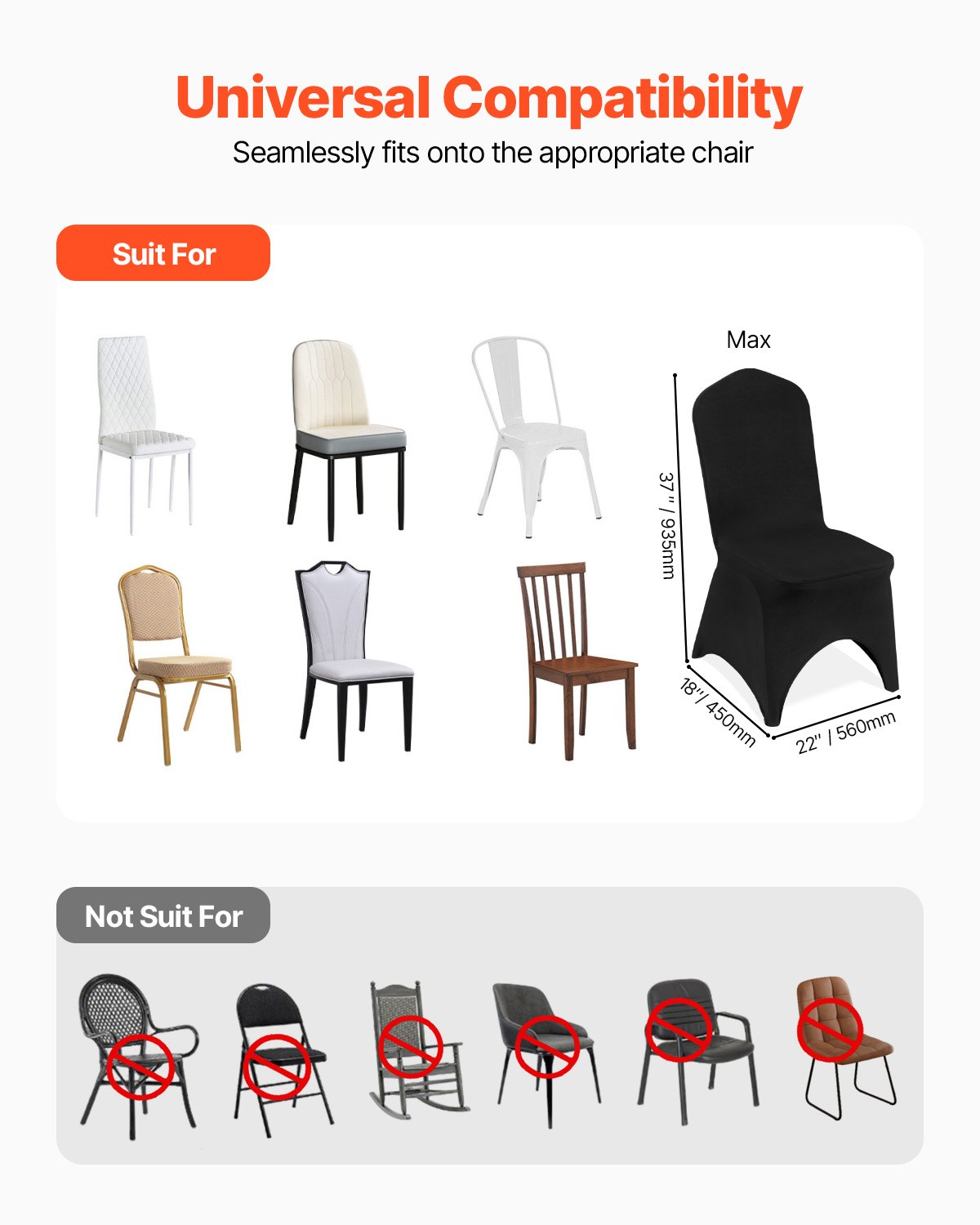 VEVOR Chair Covers made of Elastic Spandex for Folding Chairs, Universally Fitting, Curved Front Cover, Removable & Washable Protective Covers, for Wedding, Holiday, Party, Celebration, (50 Pieces, Black)