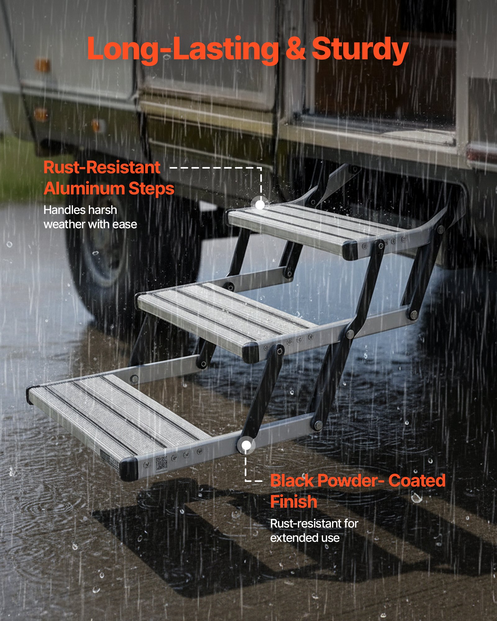 VEVOR Rozkładane stopnie do kampera (3 stopnie), stopnie do kampera o udźwigu 199,58 kg, teleskopowe składane stopnie wejściowe ze stopu aluminium, antypoślizgowa stalowa rama do przyczep kempingowych