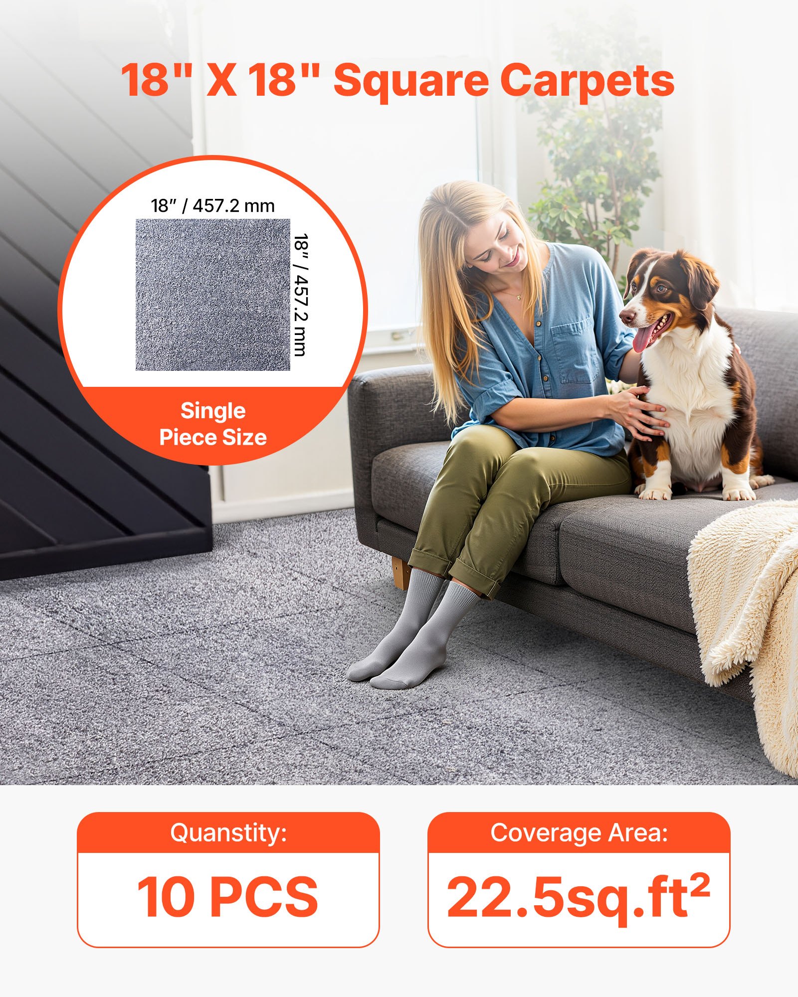 Płytki dywanowe VEVOR 457,2 x 457,2 x 12 mm, opakowanie 10 sztuk, samoprzylepna wykładzina dywanowa 2,0 m², wykładzina dywanowa, łatwa wymiana DIY do salonu i biura, kolor szary