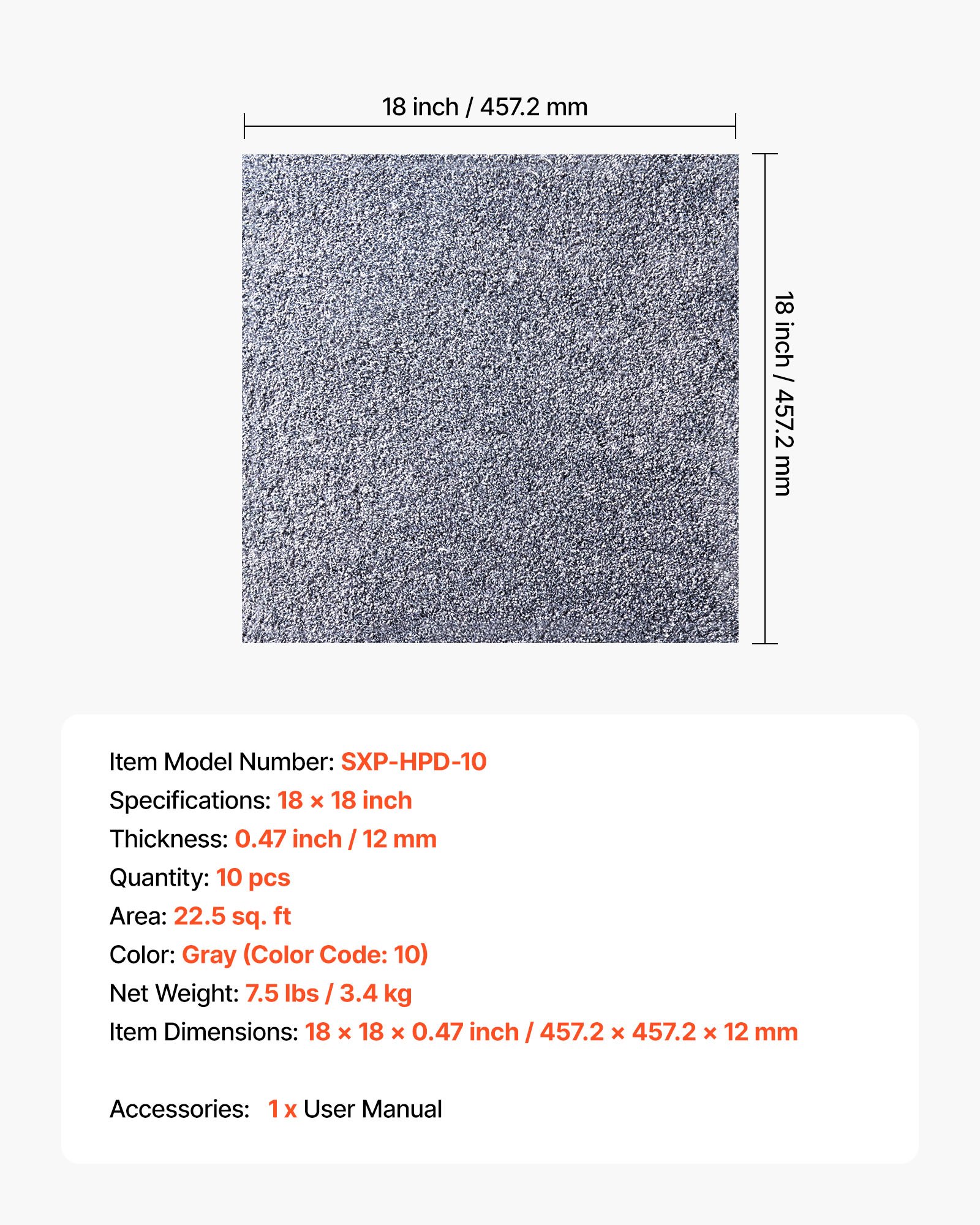 Płytki dywanowe VEVOR 457,2 x 457,2 x 12 mm, opakowanie 10 sztuk, samoprzylepna wykładzina dywanowa 2,0 m², wykładzina dywanowa, łatwa wymiana DIY do salonu i biura, kolor szary