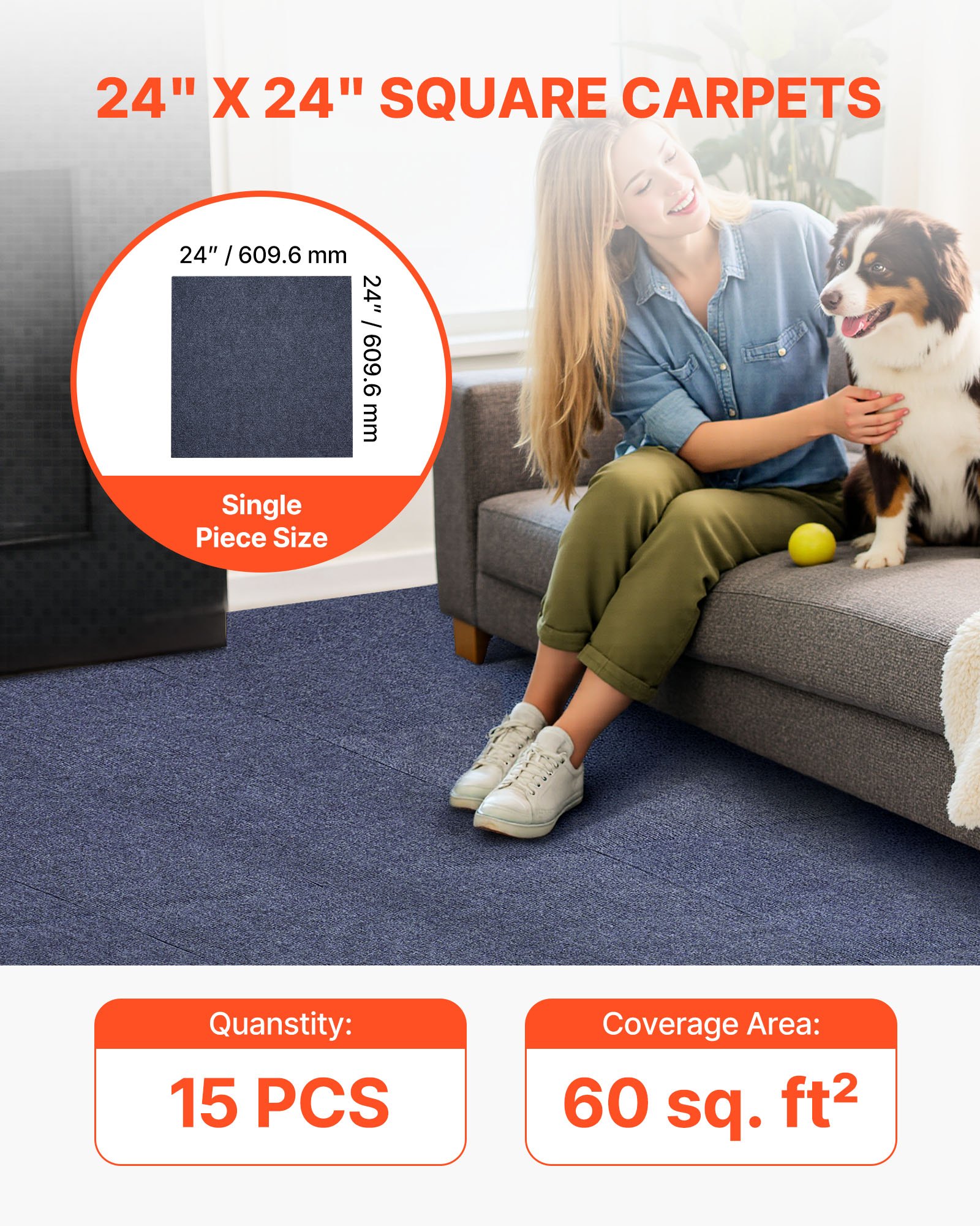VEVOR Carpet Tiles 610x610 mm, 15 Pack Peel and Stick Carpet Square Rug, Self Adhesive Commercial Floor Soft Padded for Seamless Cover 5.6㎡, Easy DIY Replacement for Living Room Office, Gray