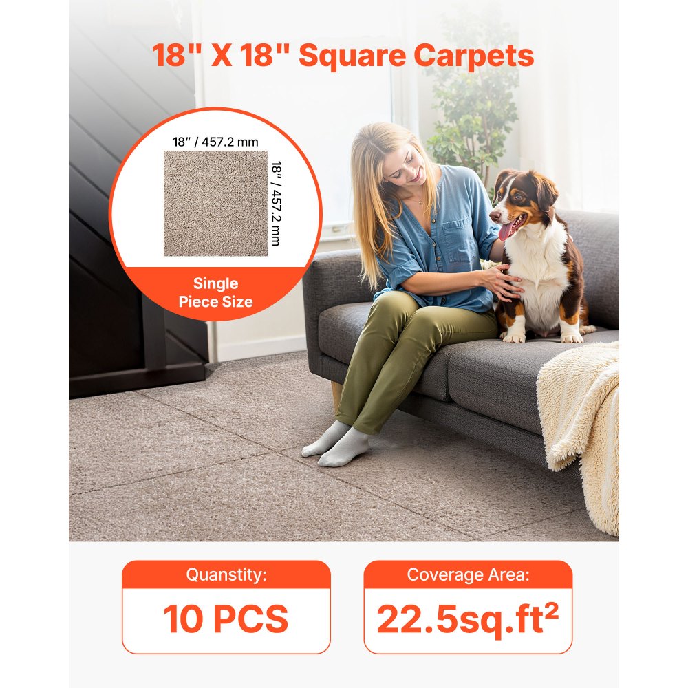 Płytki dywanowe VEVOR 457,2 x 457,2 x 12 mm, opakowanie 10 sztuk, samoprzylepna wykładzina dywanowa 2 m², wykładzina dywanowa, łatwa wymiana DIY do salonu i biura, jasnobrązowy