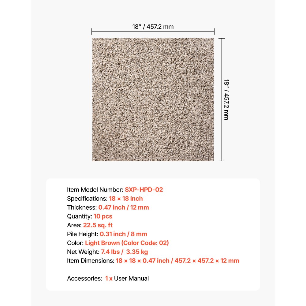 Płytki dywanowe VEVOR 457,2 x 457,2 x 12 mm, opakowanie 10 sztuk, samoprzylepna wykładzina dywanowa 2 m², wykładzina dywanowa, łatwa wymiana DIY do salonu i biura, jasnobrązowy