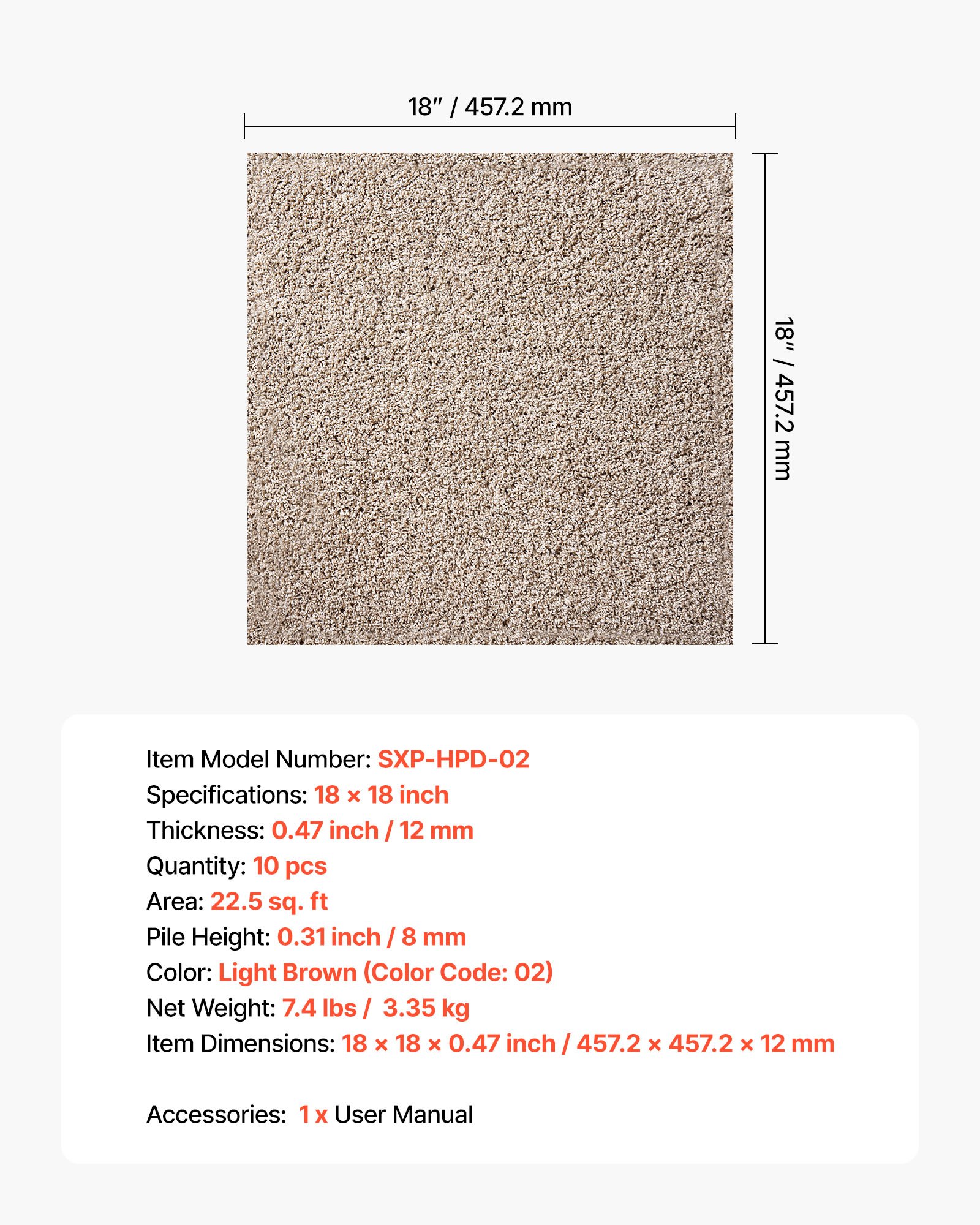 Płytki dywanowe VEVOR 457,2 x 457,2 x 12 mm, opakowanie 10 sztuk, samoprzylepna wykładzina dywanowa 2 m², wykładzina dywanowa, łatwa wymiana DIY do salonu i biura, jasnobrązowy