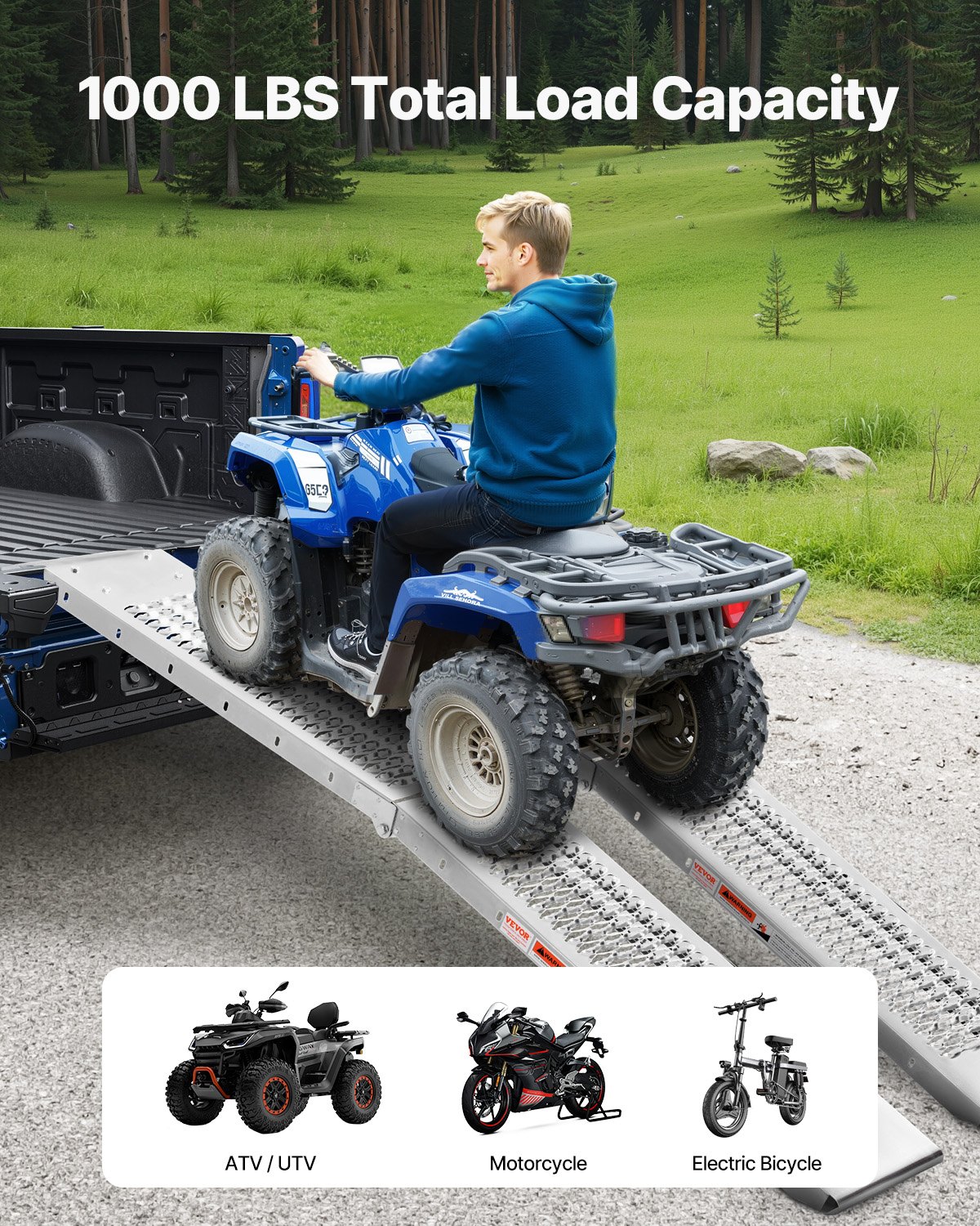 Rampy Stal VEVOR, 2-częściowa, wytrzymała rampa załadunkowa (nośność 453 kg) z szeroką powierzchnią, uniwersalna, stabilna rampa załadunkowa z uchwytami, do quadów, motocykli, rowerów elektrycznych