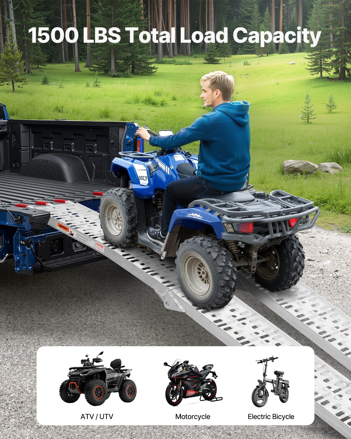 Rampy aluminiowe VEVOR, 2-częściowa, wytrzymała rampa załadunkowa (nośność 680 kg) z szeroką powierzchnią, uniwersalna, stabilna rampa załadunkowa z uchwytami, do quadów, motocykli, rowerów elektrycznych