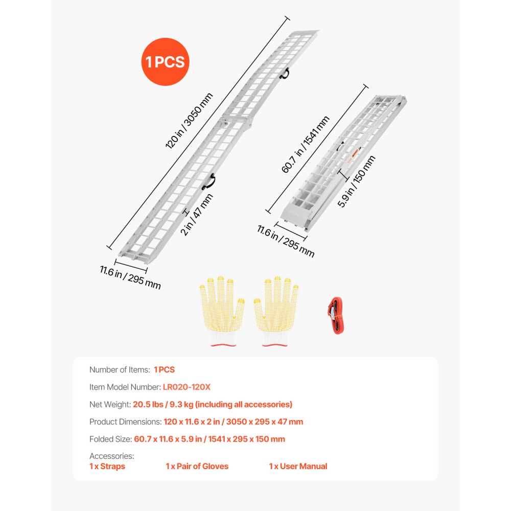 VEVOR Aluminiowa rampa załadunkowa o dużej wytrzymałości (nośność 272 kg / długość 3050 mm) z szeroką powierzchnią, uniwersalna, stabilna rampa załadunkowa z uchwytami, do quadów, rowerów elektrycznych UTV