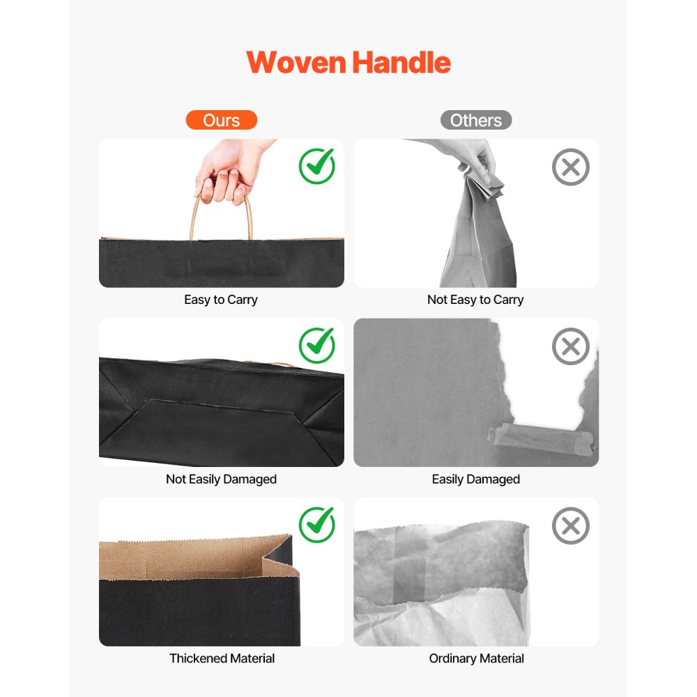 Torby papierowe VEVOR Kraft, opakowanie 100 szt., torby prezentowe z uchwytami, 406 x 152 x 308 mm, duża torba wielokrotnego użytku z papieru, torby na zakupy, na urodziny, wesela, zakupy, prezenty, czarne