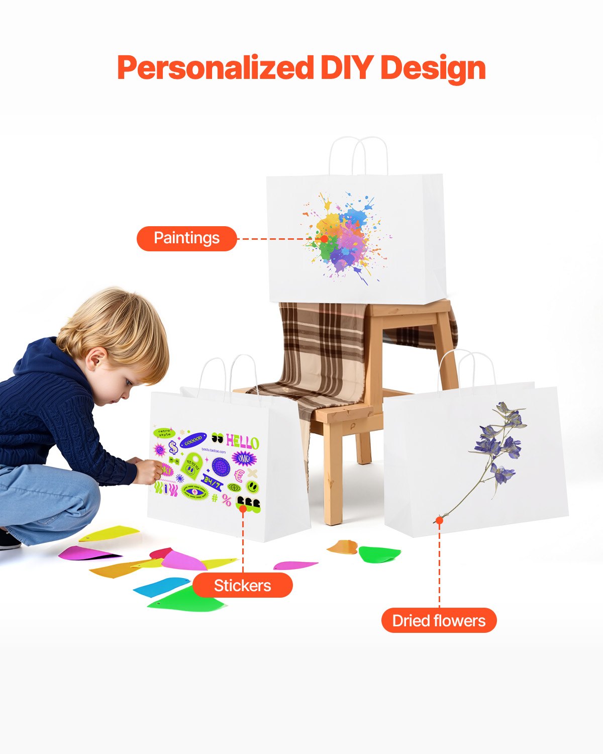 Torby papierowe VEVOR Kraft, opakowanie 50 szt., torby prezentowe z uchwytami, 406 x 152 x 308 mm, duże torby na zakupy, papierowe torby na zakupy, torby Kraft, na urodziny, wesela, zakupy, prezenty, białe