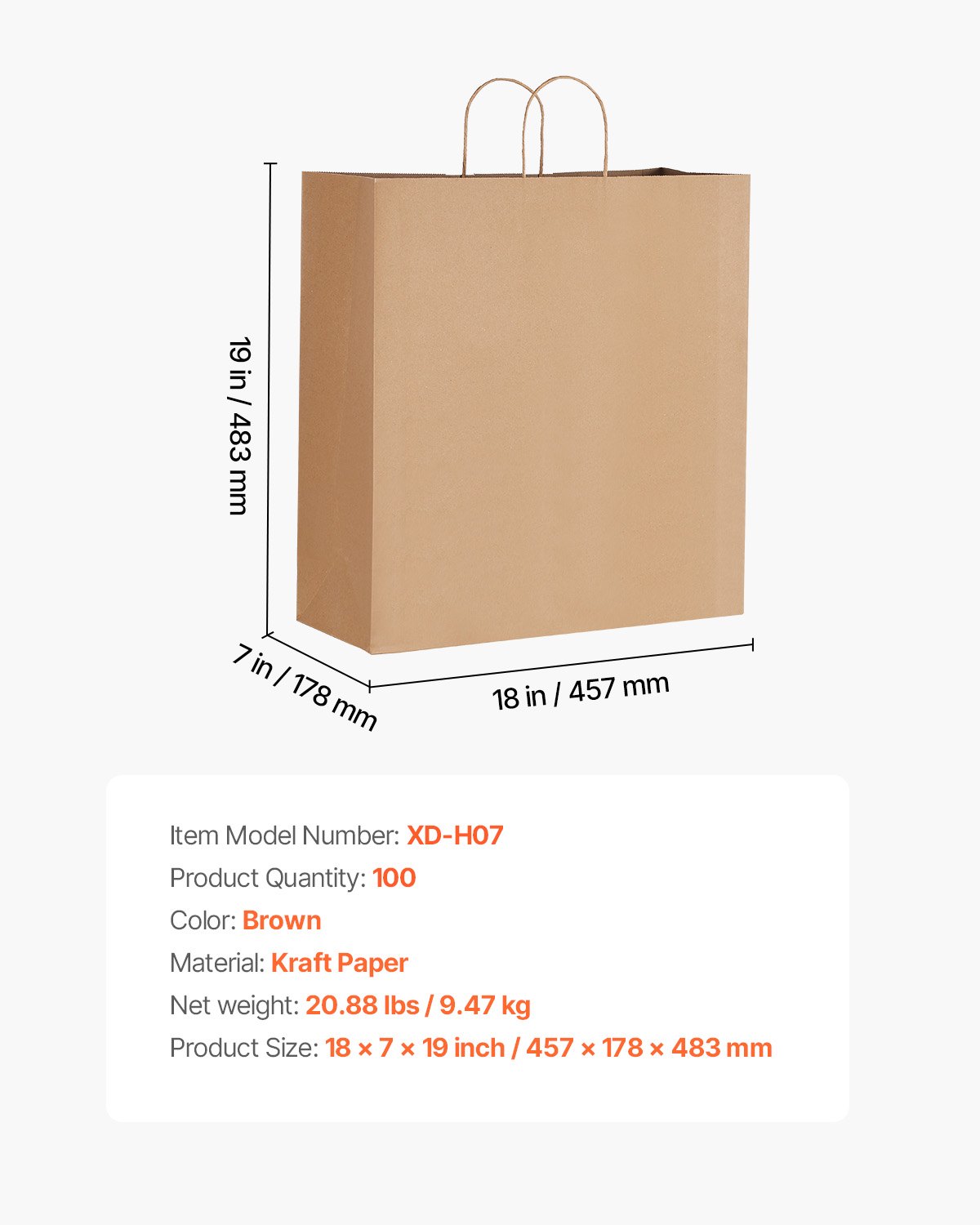 Torby papierowe VEVOR Kraft, opakowanie 100 szt., torby prezentowe z uchwytami, 457 x 178 x 483 mm, duże torby na zakupy, papierowe torby na zakupy, torby Kraft, na urodziny, wesela, zakupy, prezenty, brązowe